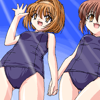 masakichi (crossroad), kaho (sister princess), mamoru (sister princess), sister princess, lowres, 00s, holding hands, oekaki, one-piece swimsuit, school swimsuit, swimsuit