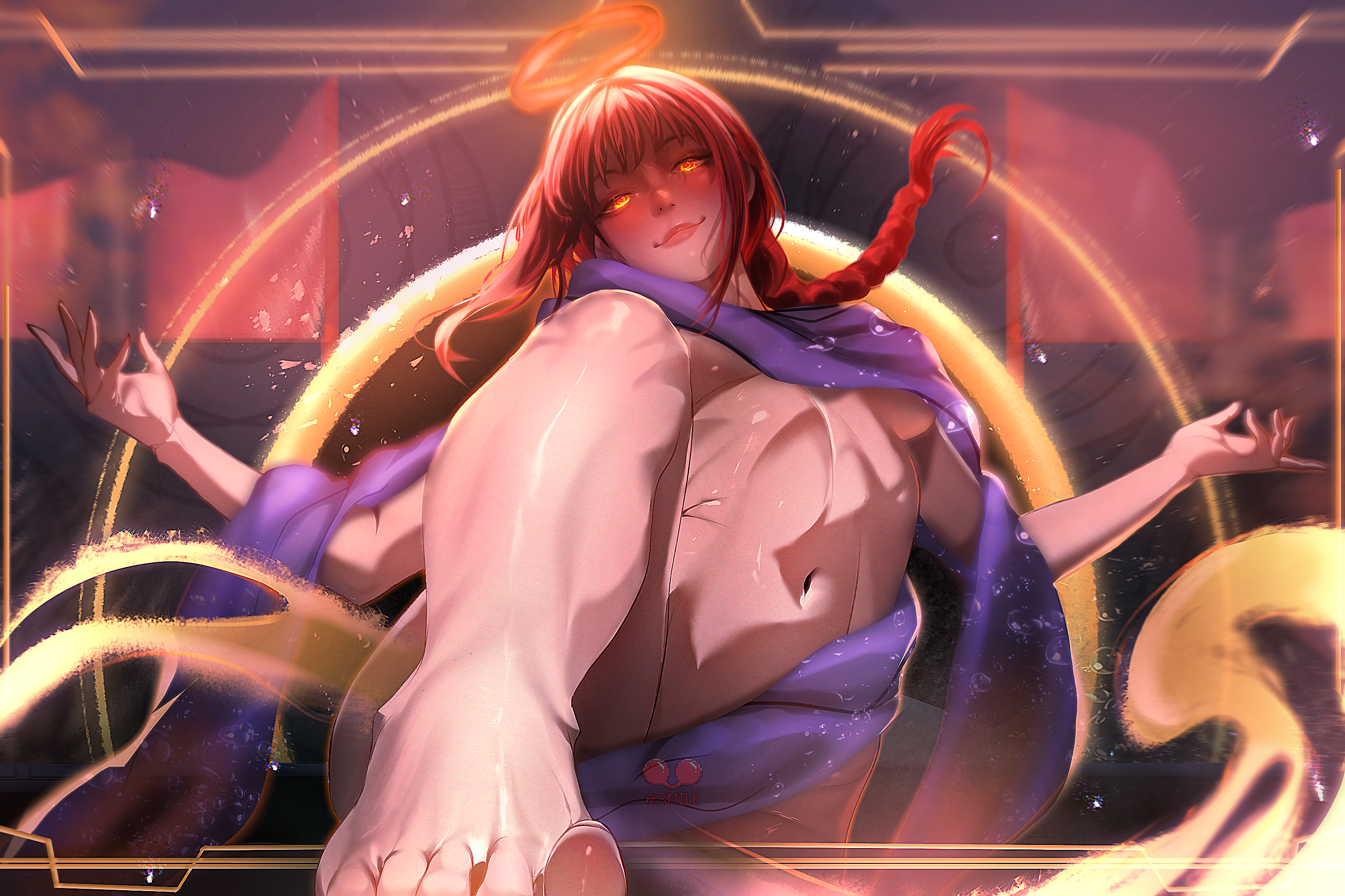 esmile, makima (chainsaw man), chainsaw man, highres, 1girl, braid, braided ponytail, breasts, closed mouth, feet, halo, long hair, looking at viewer, navel, red hair, red halo, ringed eyes, small breasts, solo, yellow eyes