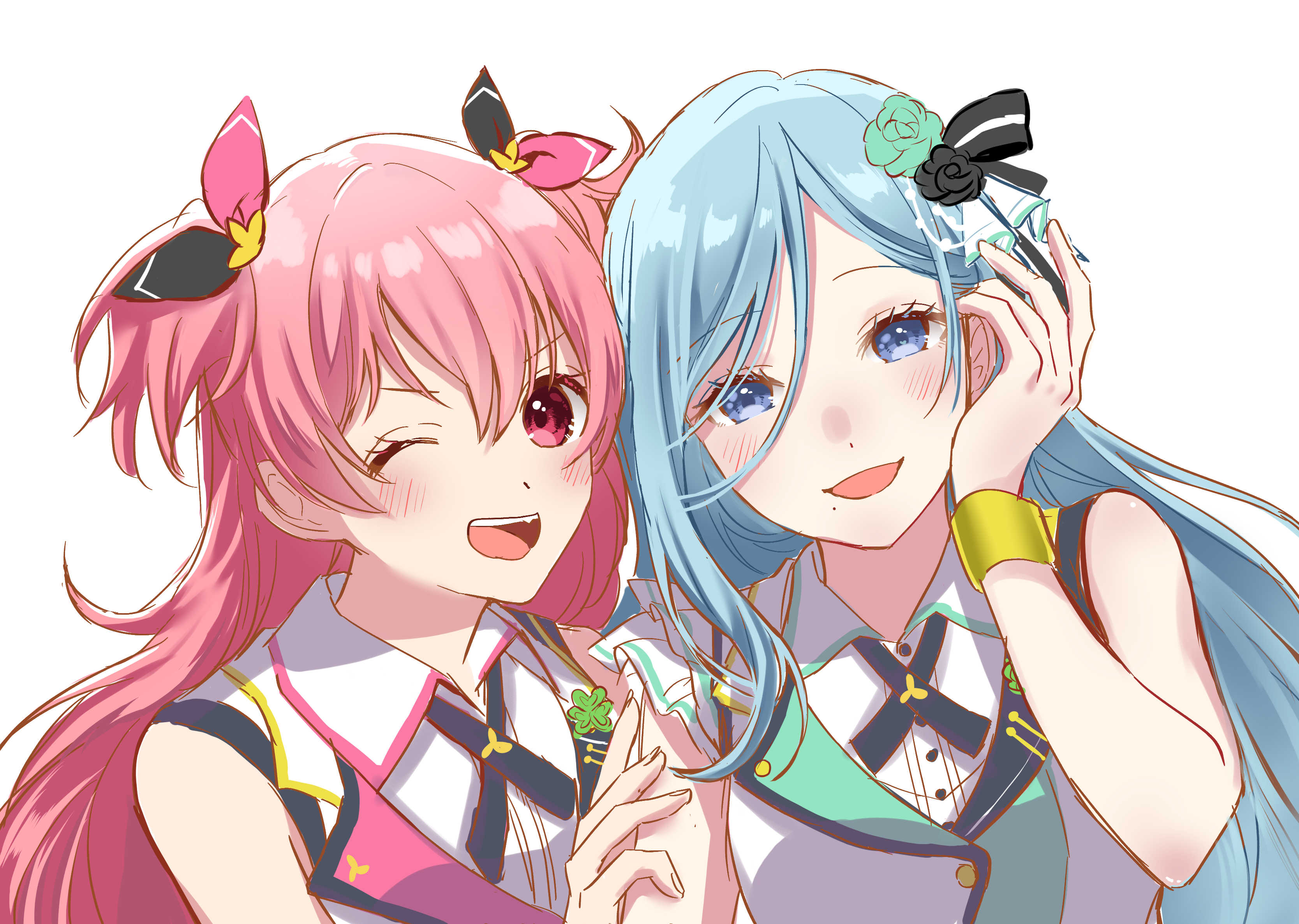 aki m m a, project sekai, absurdres, character request, hashtag-only commentary, highres, 2girls, black cross tie, black ribbon, blue eyes, blue hair, blush, choppy bangs, collared shirt, cross tie, dot nose, flower, hair between eyes, hair flower, hair ornament, hair ribbon, hand up, long bangs, long hair, multicolored ribbon, multiple girls, one eye closed, open mouth, parted bangs, pink eyes, pink hair, ribbon, shirt, simple background, sleeveless, sleeveless shirt, smile, two side up, upper body, v-shaped eyebrows, vest, white background, white shirt, white vest