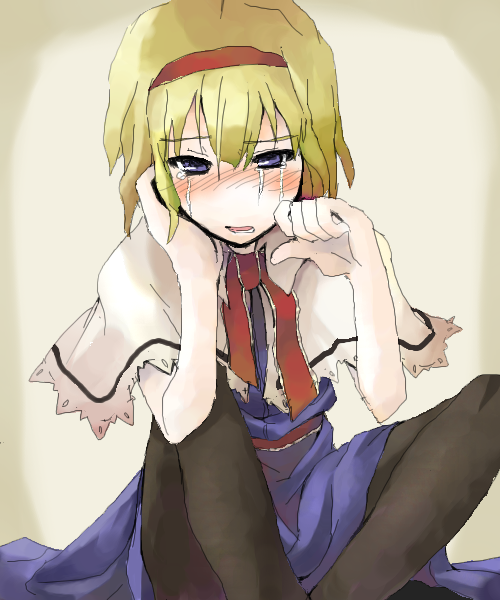 mochiki, alice margatroid, touhou, aliasing, 1girl, black pantyhose, blonde hair, blue dress, blue eyes, blush, capelet, crying, crying with eyes open, dress, female focus, indian style, leaning forward, looking at viewer, necktie, nose blush, oekaki, pantyhose, sash, sitting, solo, streaming tears, tears, wiping tears
