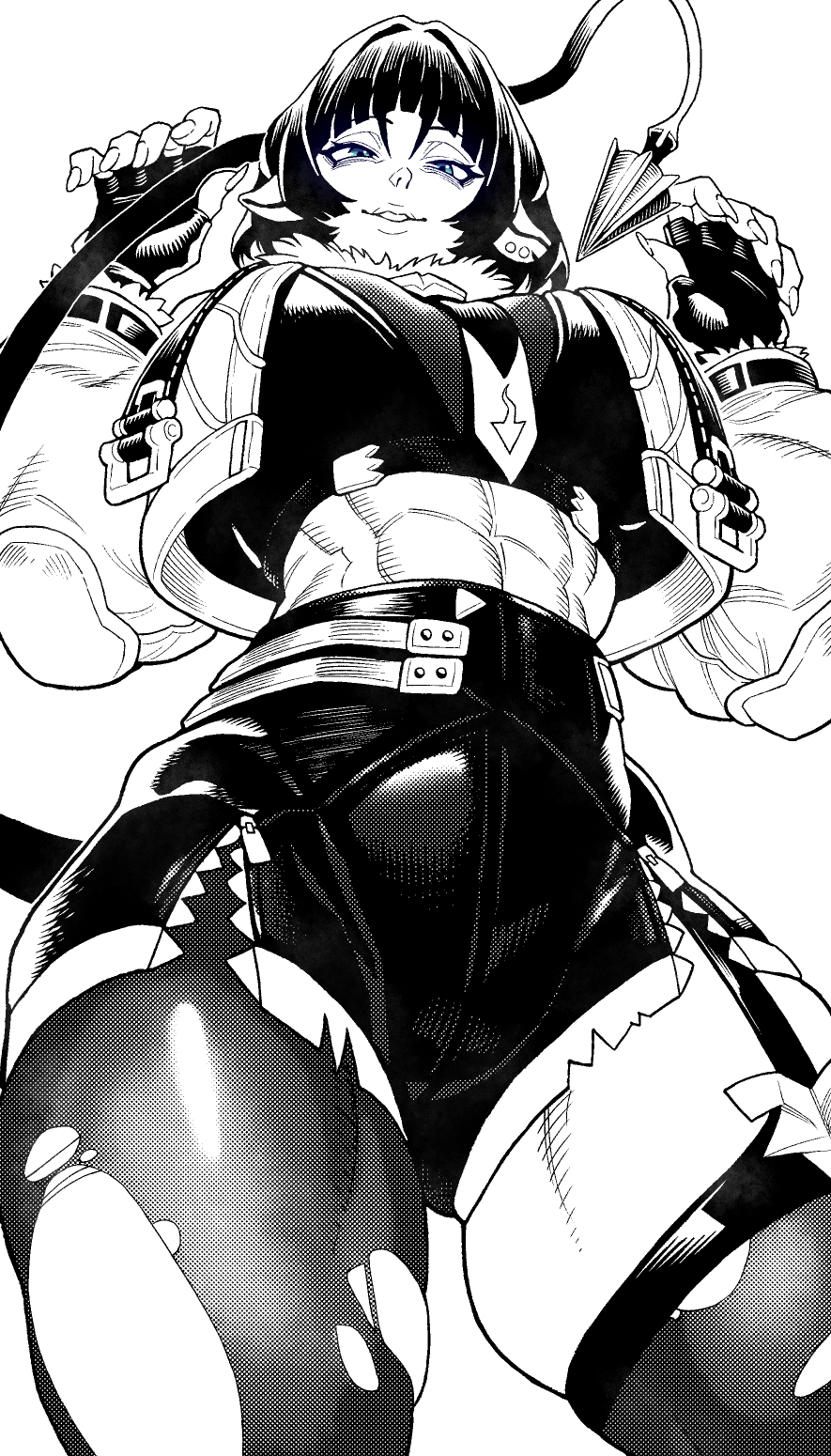 websake, jane doe (zenless zone zero), zenless zone zero, highres, 1girl, abs, alternate muscle size, animal ears, asymmetrical legwear, blue eyes, fingerless gloves, from below, fur-trimmed jacket, fur trim, gloves, greyscale, jacket, monochrome, mouse ears, mouse girl, mouse tail, muscular, muscular female, open clothes, open jacket, pantyhose, piercing, shorts, simple background, single leg pantyhose, single thighhigh, solo, spot color, tail, thighhighs, torn clothes, torn pantyhose, torn thighhighs, white background