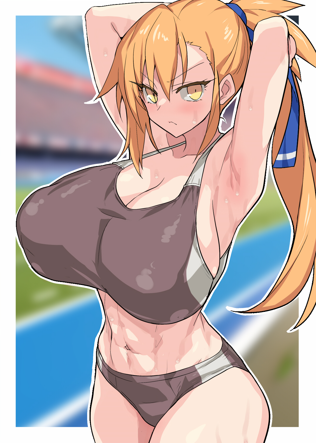 eeeeee, kita hiroyume, kurama-chan ni guitte shitara pisha tte sareta, commission, highres, pixiv commission, >:(, 1girl, abs, armpits, arms behind head, asymmetrical bangs, blue ribbon, blurry, blurry background, border, breasts, buruma, cowboy shot, hair between eyes, hands in own hair, huge breasts, long hair, navel, orange hair, outline, ponytail, ribbon, running track, solo, sports bikini, sports bra, sweat, toned, toned female, track and field, track uniform, v-shaped eyebrows, white border, white outline, yellow eyes