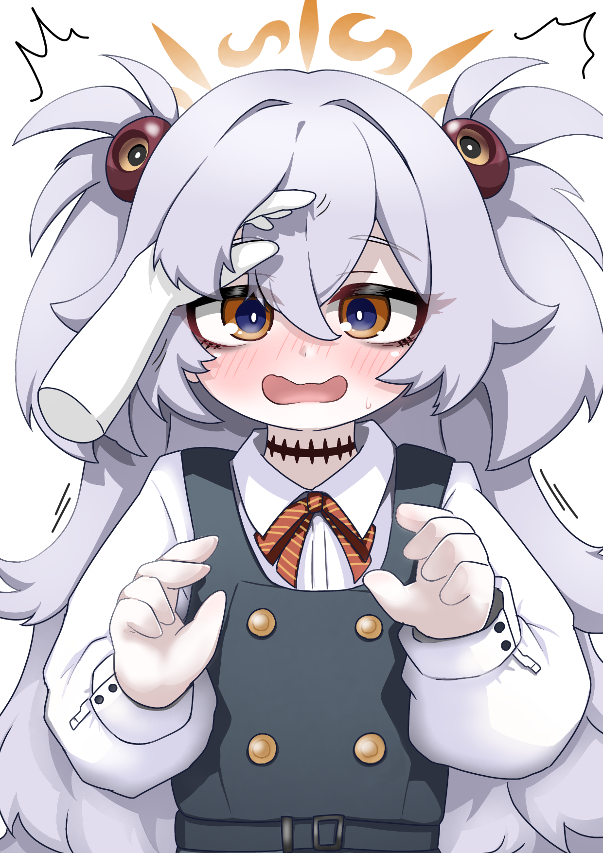 tomimon, kanoe (blue archive), blue archive, highres, 1girl, 1other, ^^^, blush, bow, brown bow, brown eyes, collared shirt, diagonal-striped bow, disembodied hand, dress shirt, grey hair, grey vest, hair between eyes, halo, hands up, long hair, long sleeves, nose blush, open mouth, puffy long sleeves, puffy sleeves, shirt, simple background, striped bow, surprised, two side up, upper body, very long hair, vest, wavy mouth, white background, white shirt