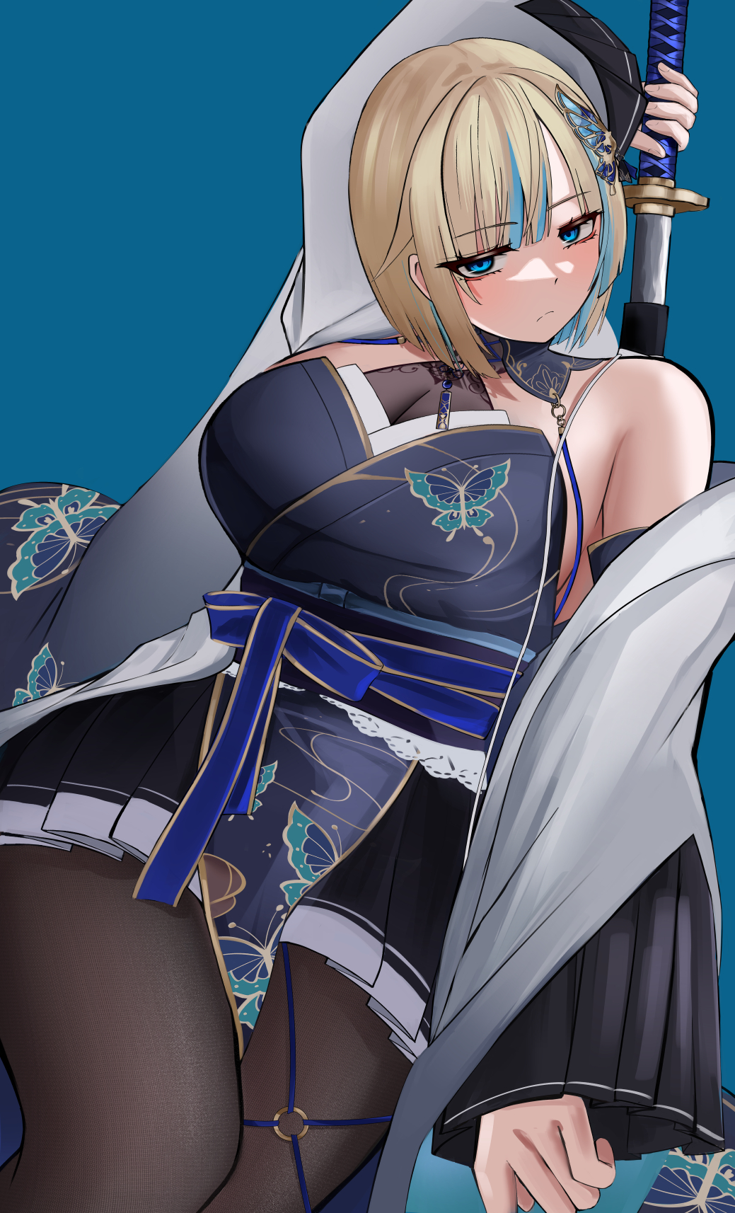 hanatsuki kia, aizawa ema, aizawa ema (5th costume), vspo!, highres, 1girl, agemaki knot, animal print, aqua hair, aqua streaks, arm behind head, backless kimono, bare shoulders, black pantyhose, blonde hair, blue background, blue butterfly, blue eyes, blue kimono, blue sash, blush, breasts, bug, butterfly, butterfly hair ornament, butterfly print, chokutou, cleavage, colored inner hair, cowboy shot, detached sleeves, dress, furisode sleeves, hair ornament, halter dress, halterneck, haori, holding, holding weapon, insect, japanese clothes, katana, kimono, kimono dress, large breasts, long sleeves, miniskirt, multicolored hair, o-ring, pantyhose, pleated skirt, pleated sleeves, sash, scabbard, see-through cleavage, see-through clothes, serious, sheath, short hair, skirt, sleeveless, sleeveless kimono, solo, streaked hair, sword, sword on back, unsheathing, virtual youtuber, weapon, weapon on back, white haori