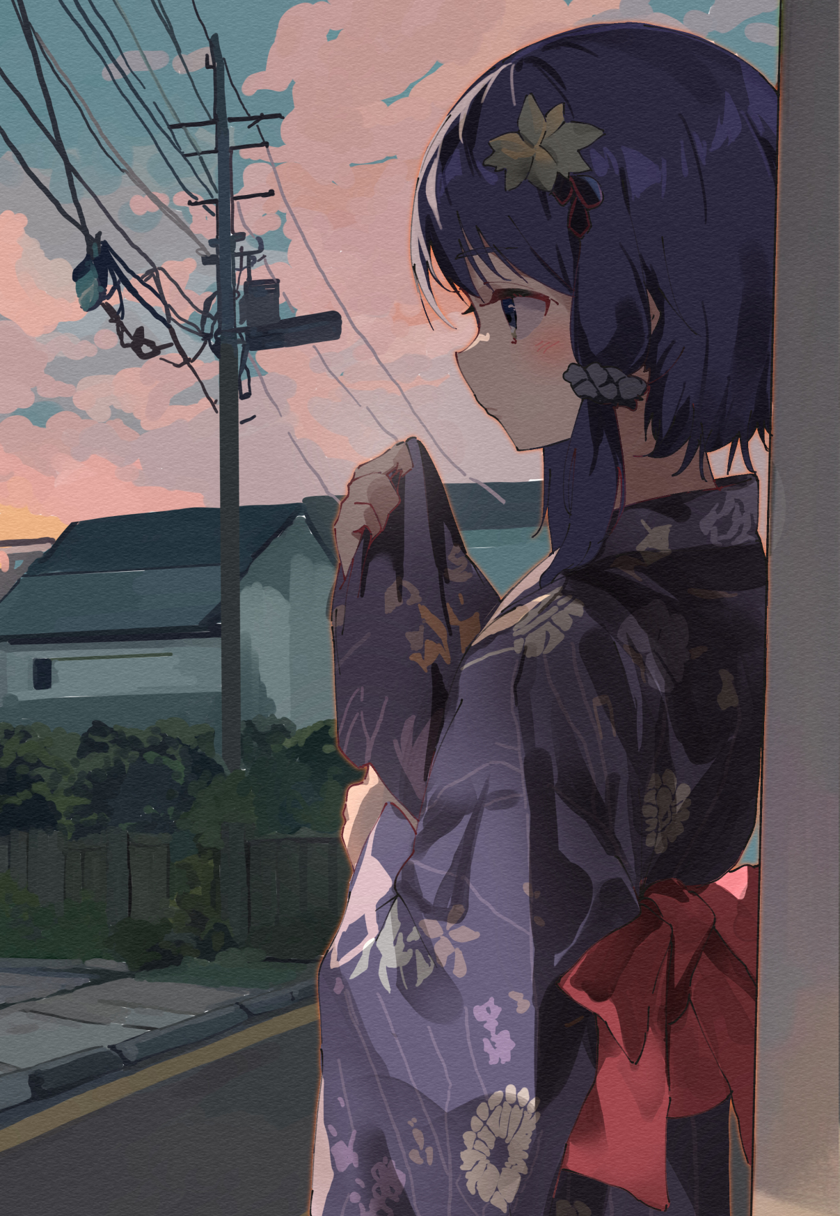 lamb (hitsujiniku), yuzuki yukari, voiceroid, commentary request, highres, 1girl, blue sky, blush, bow, building, closed mouth, cloud, cloudy sky, floral print, from side, hands up, japanese clothes, kimono, long hair, long sleeves, outdoors, power lines, print kimono, profile, purple eyes, purple hair, purple kimono, red bow, sky, sleeves past wrists, solo, sunset, utility pole, wide sleeves