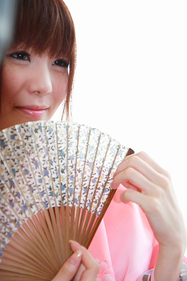 yumeha, photo (medium), tagme, 1girl, asian, dyed hair, female focus, folding fan, garden project, hand fan, japanese (nationality), japanese clothes, kimono, light smile, pink yukata, simple background, solo, white background, yukata
