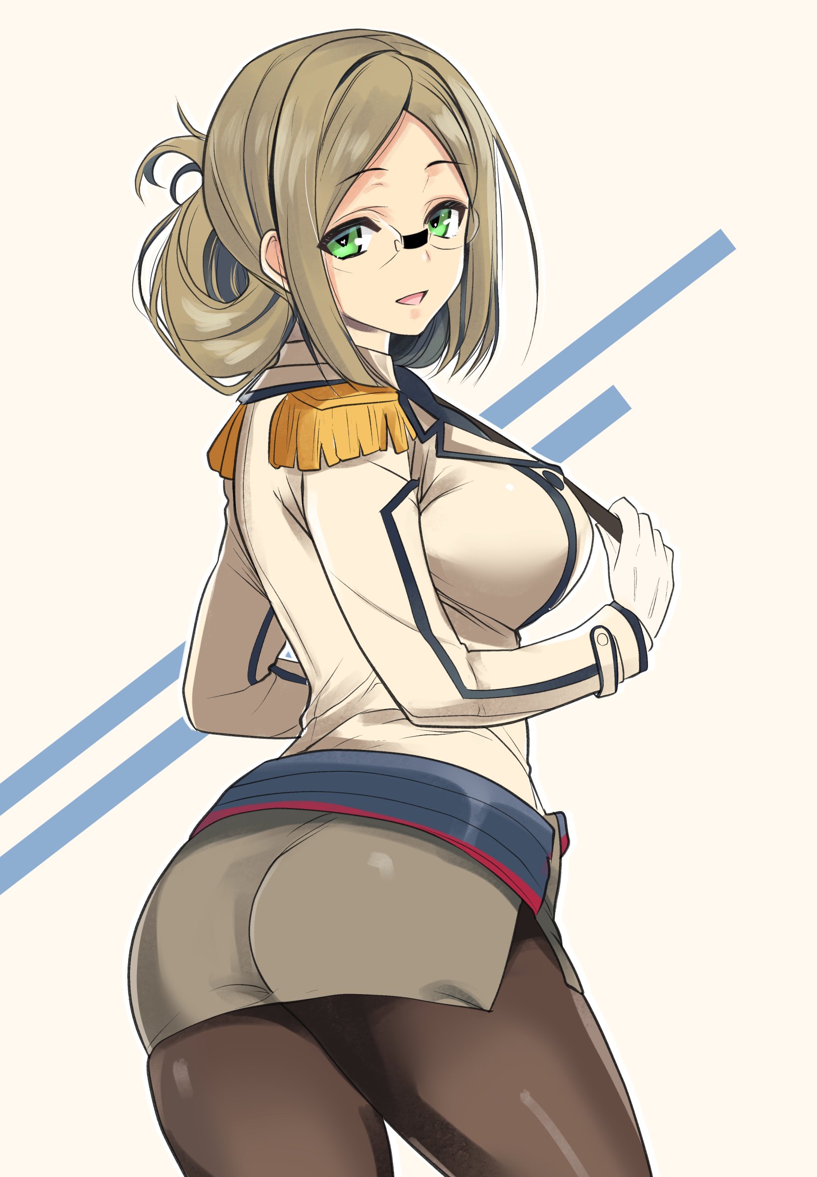 airport96, katori (kancolle), kantai collection, highres, 1girl, ass, back, black pantyhose, blush, breasts, brown hair, buttons, double-breasted, epaulettes, folded ponytail, glasses, gloves, green eyes, grey hair, holding, holding riding crop, large breasts, long hair, looking at viewer, military, military uniform, naval uniform, necktie, open mouth, pantyhose, pencil skirt, pointer, riding crop, shirt, skirt, smile, solo, white background, white gloves