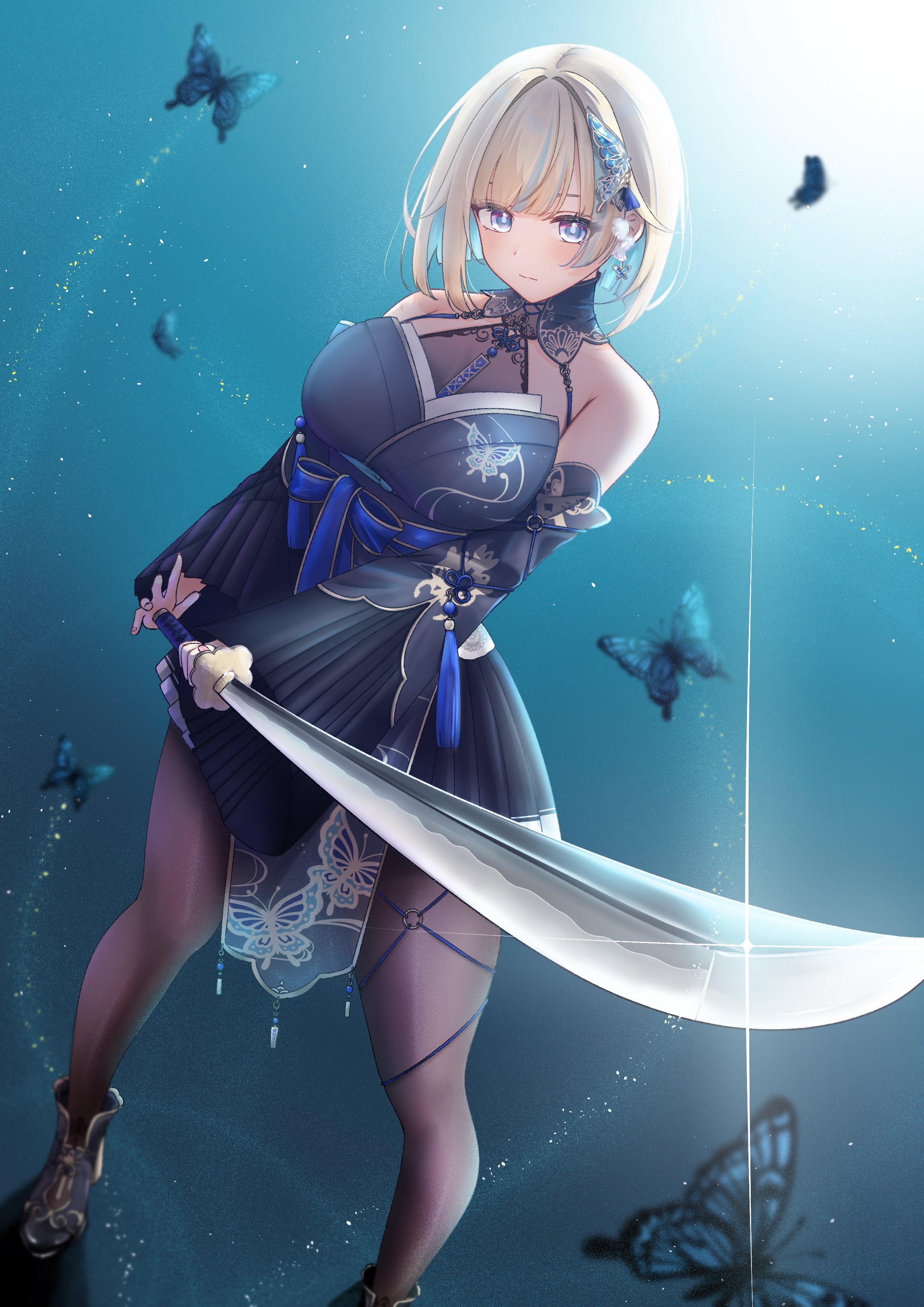 hiii de, aizawa ema, aizawa ema (5th costume), vspo!, absurdres, highres, 1girl, :|, agemaki knot, animal print, aqua hair, aqua streaks, backless kimono, bare shoulders, black pantyhose, blonde hair, blue butterfly, blue eyes, blue kimono, blue sash, breasts, bug, butterfly, butterfly earrings, butterfly hair ornament, butterfly print, chokutou, closed mouth, colored inner hair, detached sleeves, dress, earrings, furisode sleeves, glowing, glowing sword, glowing weapon, gradient hair, hair ornament, halter dress, halterneck, holding, holding sword, holding weapon, insect, japanese clothes, jewelry, katana, kimono, kimono dress, large breasts, long sleeves, looking at viewer, miniskirt, multicolored hair, pantyhose, pleated skirt, pleated sleeves, sash, see-through cleavage, see-through clothes, shoes, short hair, skirt, sleeveless, sleeveless kimono, solo, streaked hair, sword, thighs, unsheathed, virtual youtuber, weapon