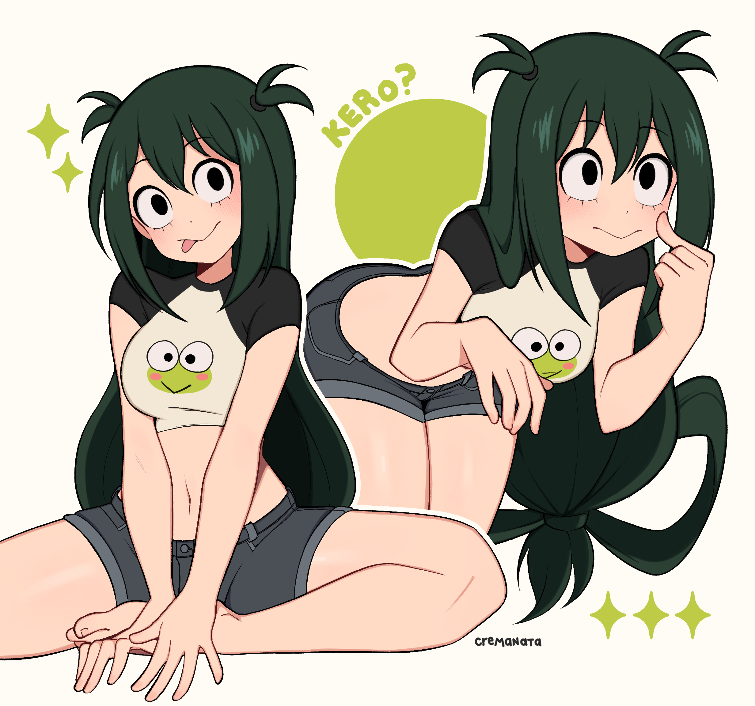 cremanata, asui tsuyu, hasunoue keroppi, boku no hero academia, kero kero keroppi, sanrio, highres, 1girl, alternate costume, animal print, artist name, barefoot, black shorts, black sleeves, crop top, frog print, long hair, midriff, multiple views, navel, print shirt, raglan sleeves, shirt, short shorts, short sleeves, shorts, simple background, sitting, sparkle, tongue, tongue out, white shirt