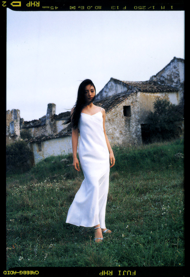 nakama yukie, photo (medium), tagme, 1girl, asian, black hair, dress, female focus, long hair, outdoors, sandals, solo