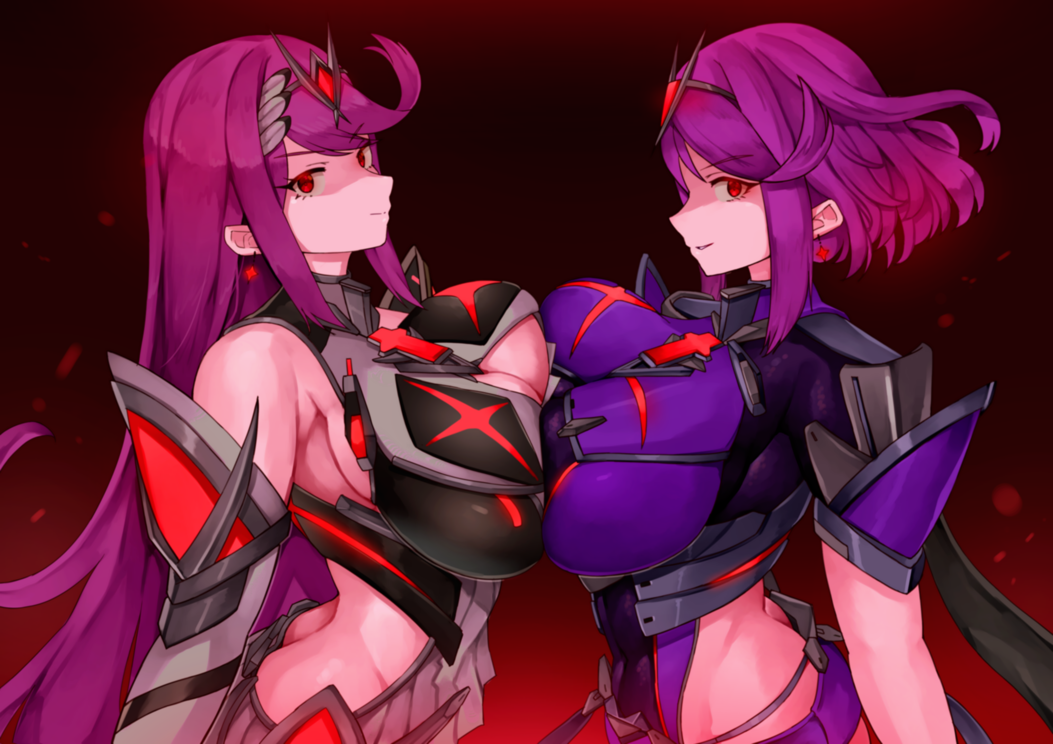 yotsuha uni, mythra (xenoblade), pyra (xenoblade), nintendo, super smash bros., xenoblade chronicles (series), xenoblade chronicles 2, absurdres, commentary request, highres, 1girl, 2girls, armor, armpit crease, bare shoulders, blush, bob cut, breast press, breasts, chest jewel, cleavage, cleavage cutout, closed mouth, clothing cutout, dark persona, dress, earrings, elbow gloves, gloves, gradient background, headpiece, impossible clothes, jewelry, large breasts, long hair, looking at viewer, medium hair, multiple girls, official alternate color, parted lips, purple hair, purple shirt, red background, red eyes, shirt, shorts, shoulder armor, sidelocks, smile, solo, swept bangs, symmetrical docking, tiara, upper body, very long hair