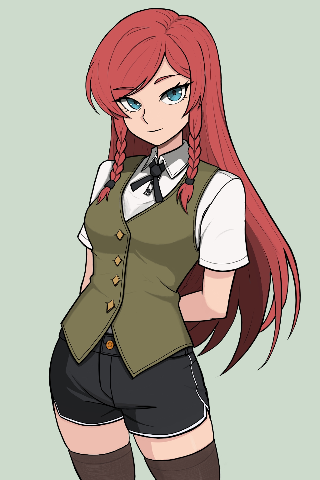 hong meiling, embodiment of scarlet devil, touhou, highres, 1girl, alternate costume, black shorts, black thighhighs, blue background, blue eyes, braid, breasts, buttons, green vest, long hair, multiple girls, neck, nose, redguard, short shorts, shorts, smile, solo, thighhighs, twin braids, vest, zettai ryouiki