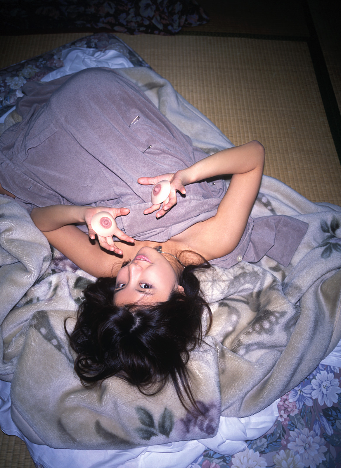 hanai miri, highres, photo (medium), tagme, 1girl, asian, black hair, blanket, breasts, fake nipples, female focus, indoors, large breasts, long hair, looking at viewer, ns eyes 337, smile, solo, tatami