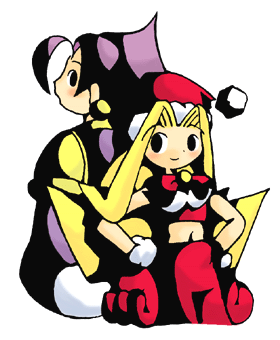 amazake (manuke no oukoku), coco (astra super stars), rouge (astra super stars), astra super stars, bad source, lowres, 1boy, 1girl, back-to-back, baggy pants, black eyes, blonde hair, blush, bow, bowtie, cowlick, cropped legs, curtained hair, earrings, fewer digits, flipped hair, fur-trimmed gloves, fur-trimmed headwear, fur-trimmed pants, fur-trimmed tube top, fur trim, gloves, hair intakes, hands on own hips, hat, jewelry, long hair, looking back, midriff, navel, no lineart, open mouth, pants, pom pom (clothes), prince, profile, purple hair, red bow, red bowtie, red gloves, red tube top, santa costume, santa hat, shoes, simple background, smile, solo, spiked hair, strapless, transparent background, tube top, very long hair