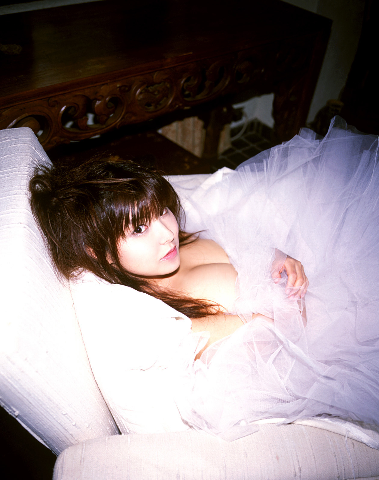 hanai miri, highres, photo (medium), tagme, 1girl, asian, black hair, breasts, cleavage, female focus, indoors, lace, large breasts, long hair, looking at viewer, ns eyes 337, solo