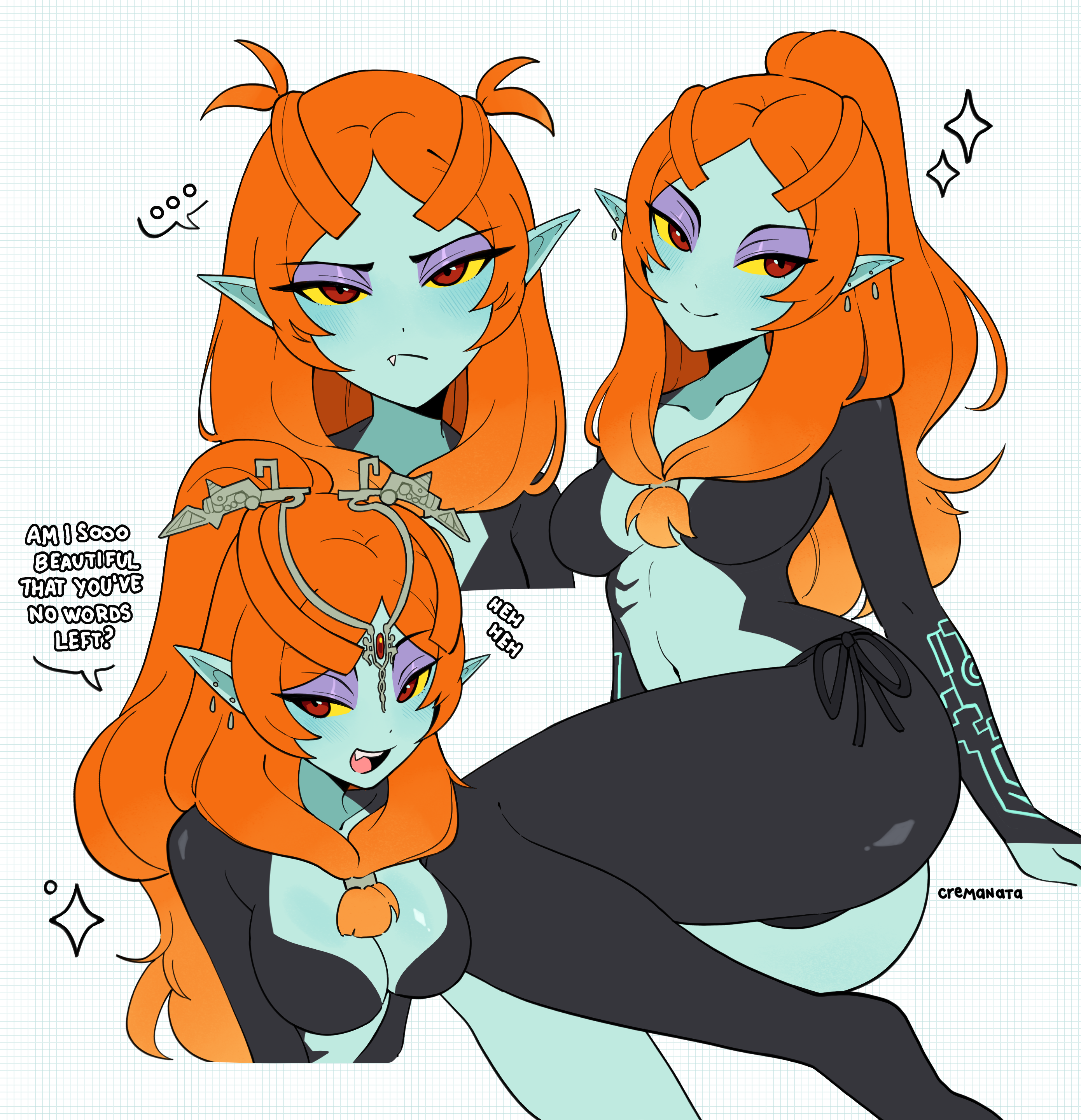 cremanata, midna, midna (true), nintendo, the legend of zelda, the legend of zelda: twilight princess, absurdres, highres, 1girl, artist name, blue skin, breasts, cleavage, colored sclera, colored skin, english text, eyeshadow, fang, grid background, long hair, makeup, medium breasts, multiple views, open mouth, orange hair, pointy ears, purple eyeshadow, red eyes, smile, sparkle, teeth, upper teeth only, yellow sclera