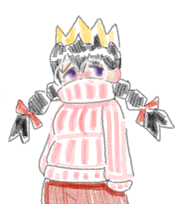 drawfag, ripple star queen, kirby (series), kirby 64, nintendo, archived source, lowres, 1girl, black hair, blush, bow, braid, crown, glasses, hair bow, long hair, low twin braids, pink sweater, purple eyes, red bow, sweater, twin braids
