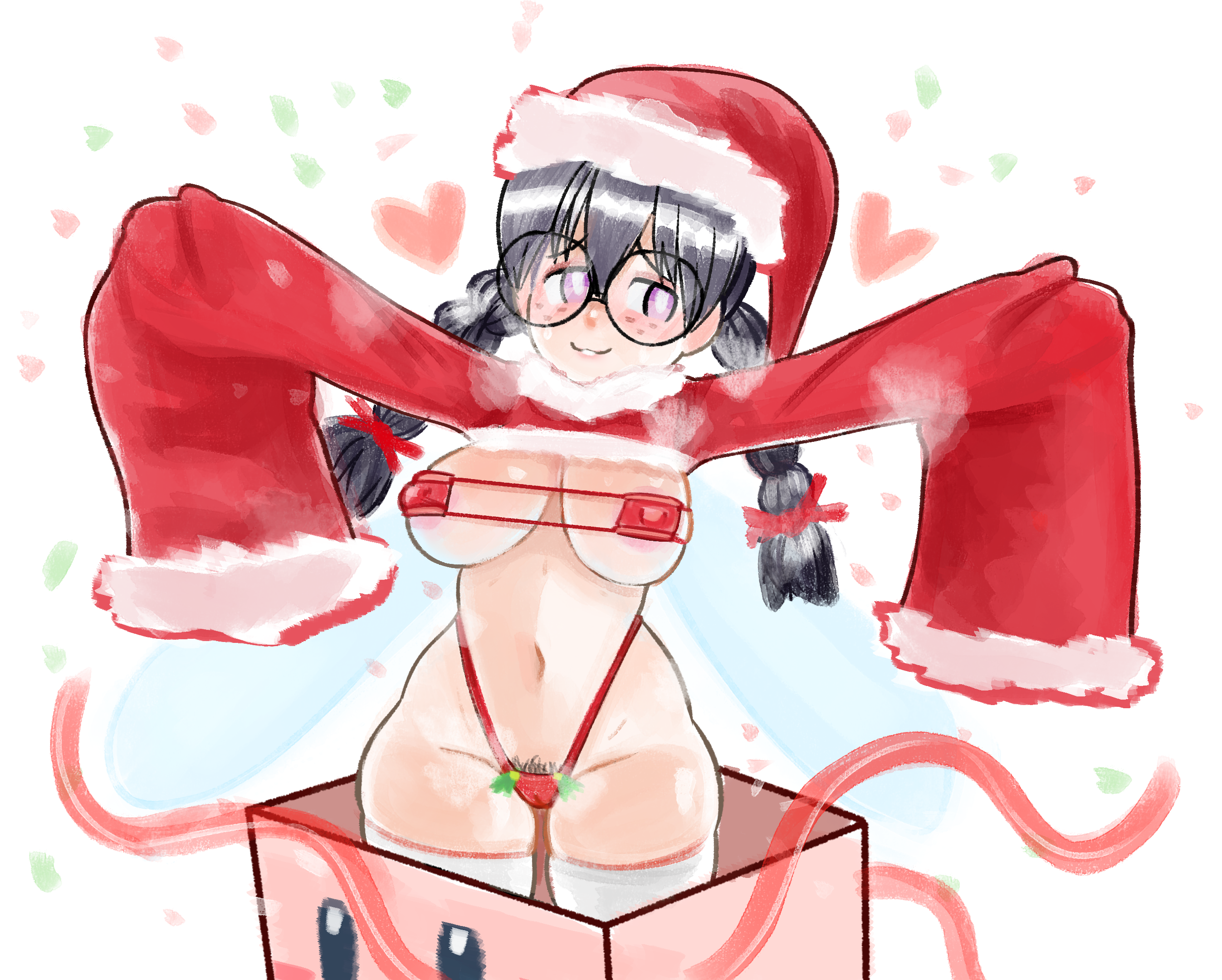 drawfag, ripple star queen, kirby (series), nintendo, archived source, highres, 1girl, areola slip, bikini, black hair, bow, box, braid, breasts, cameltoe, fairy, fairy wings, glasses, hair bow, hat, heart, in box, in container, large breasts, long hair, low twin braids, micro bikini, navel, outstretched arms, pubic hair, pubic hair peek, purple eyes, red bow, santa hat, sleeves past fingers, sleeves past wrists, swimsuit, thong, twin braids, wings