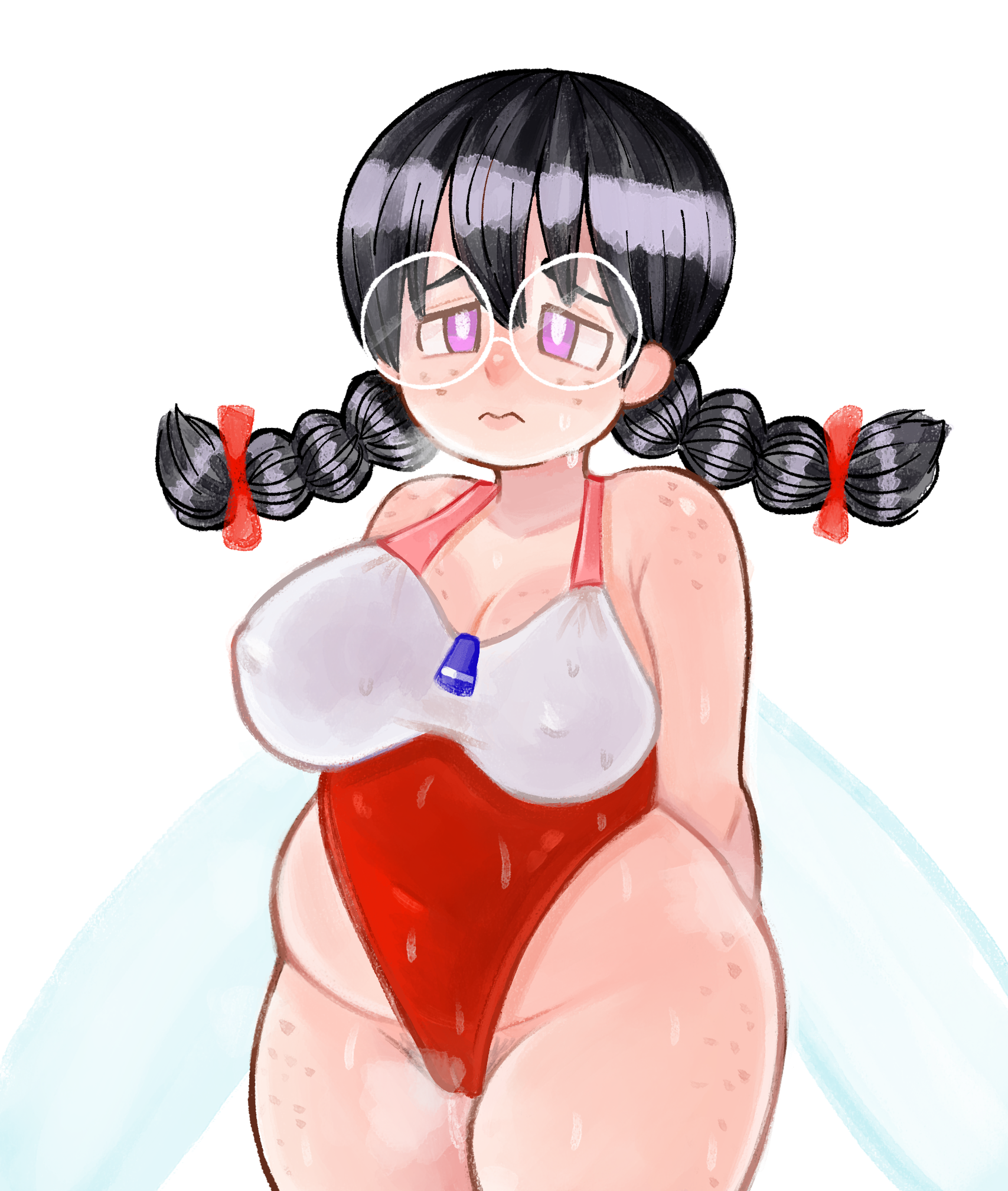 drawfag, ripple star queen, kirby (series), kirby 64, nintendo, archived source, highres, 1girl, arms behind back, black hair, braid, breasts, fairy, fairy wings, freckles, glasses, large breasts, long hair, low twin braids, one-piece swimsuit, pubic hair, pubic hair peek, purple eyes, sweat, swimsuit, twin braids, wings