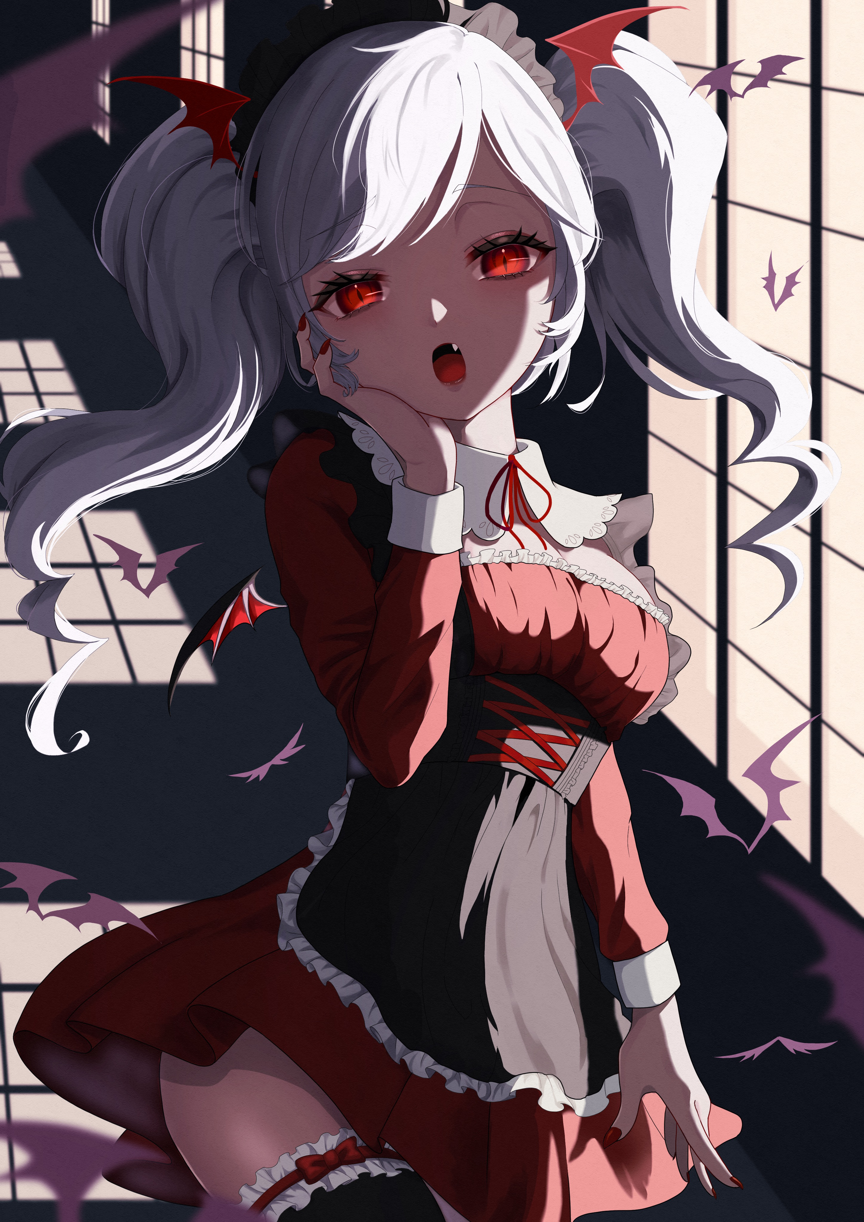 amanegi toro, original, absurdres, highres, 1girl, breasts, dress, fang, grey hair, long sleeves, looking at viewer, maid, medium hair, open mouth, pointy ears, red eyes, solo, standing, twintails, vampire, white hair