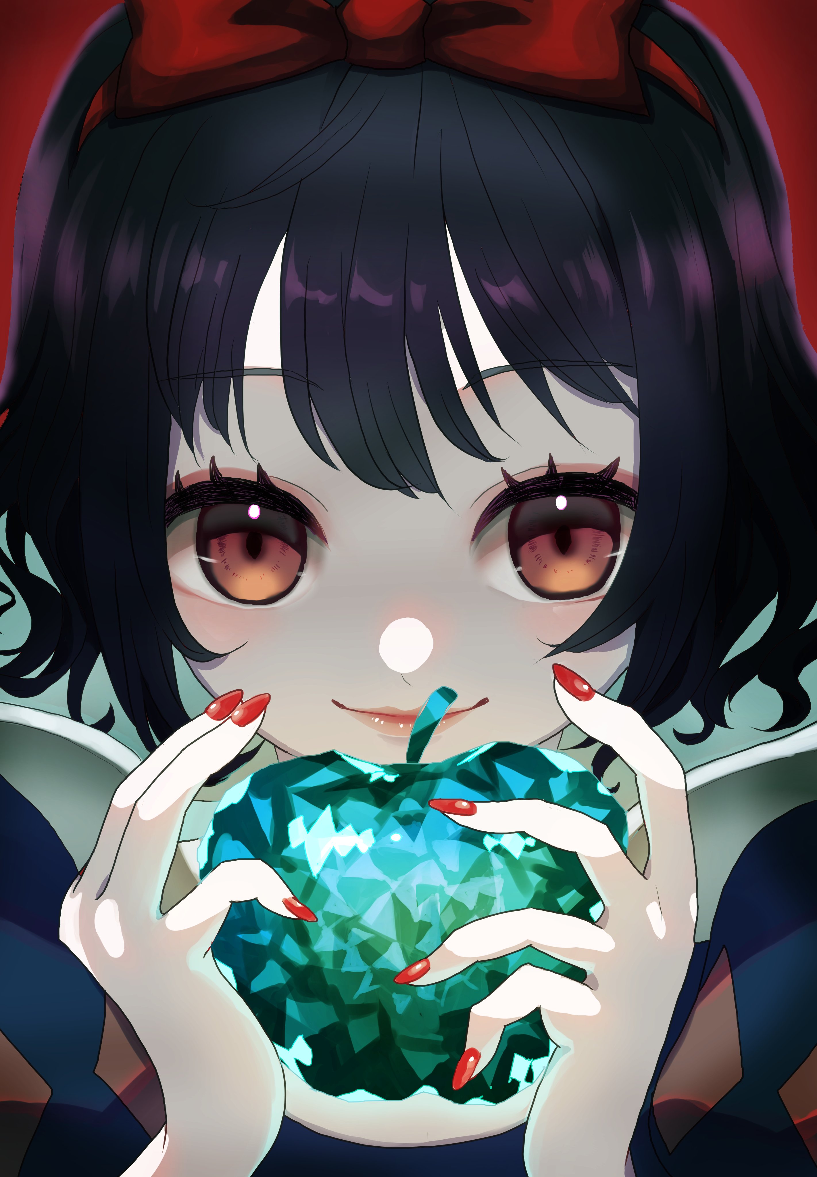amanegi toro, snow white (fairy tale character), snow white (fairy tale), absurdres, highres, 1girl, apple, black hair, bow, dress, food, fruit, hair bow, holding, holding food, holding fruit, looking at viewer, puff and slash sleeves, puffy sleeves, short hair, short sleeves, smile, solo