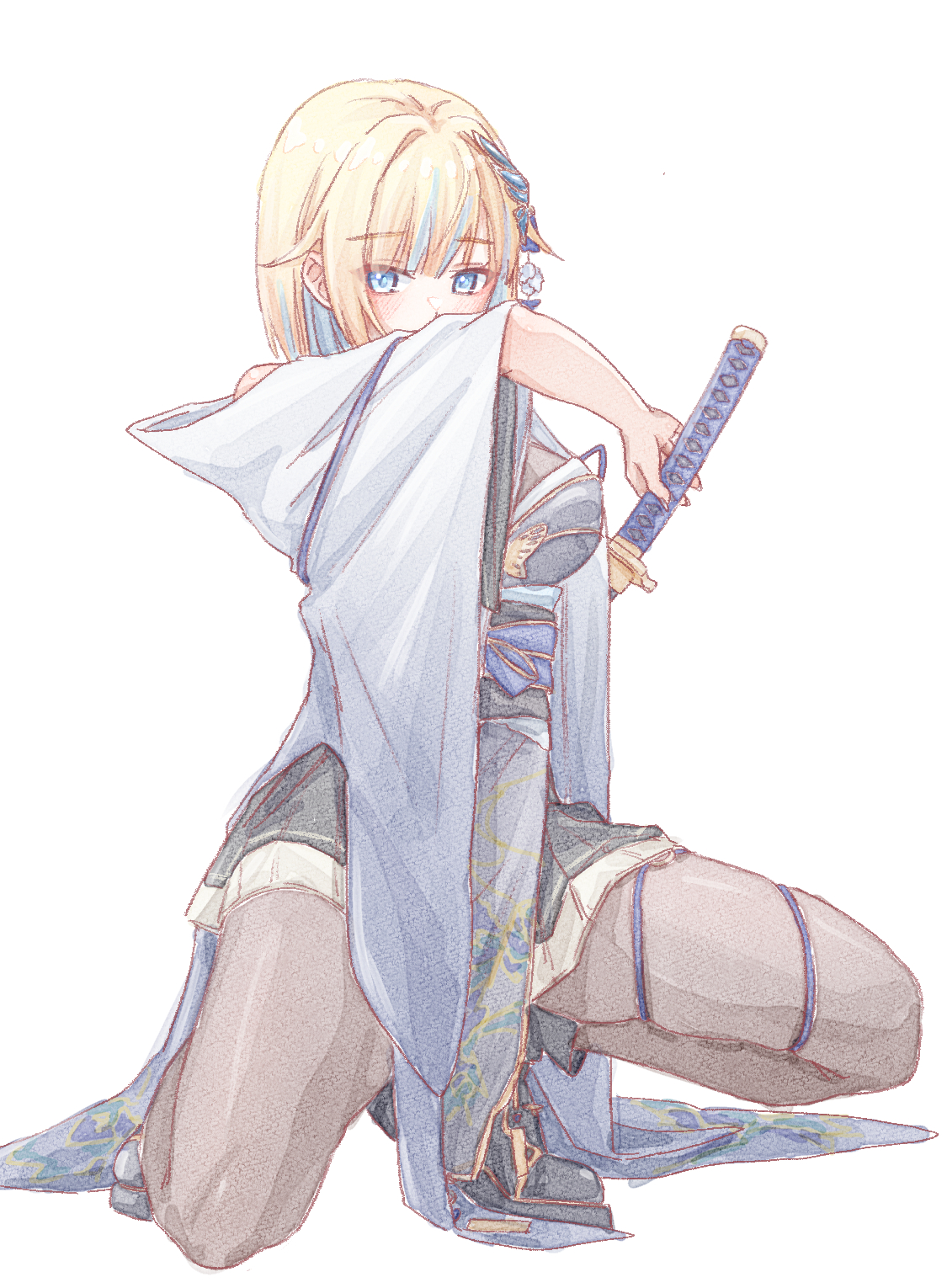 unongkong, aizawa ema, aizawa ema (5th costume), vspo!, highres, 1girl, animal print, aqua hair, aqua streaks, black pantyhose, blonde hair, blue butterfly, blue eyes, blue sash, breasts, bug, butterfly, butterfly hair ornament, butterfly print, chokutou, colored inner hair, furisode sleeves, hair ornament, haori, holding, holding sword, holding weapon, insect, japanese clothes, katana, kimono, kimono dress, long sleeves, looking at viewer, miniskirt, multicolored hair, on one knee, pale color, pantyhose, pleated skirt, sash, sheath, short hair, skirt, solo, squatting, streaked hair, sword, thighs, unsheathing, virtual youtuber, weapon, white background, white haori