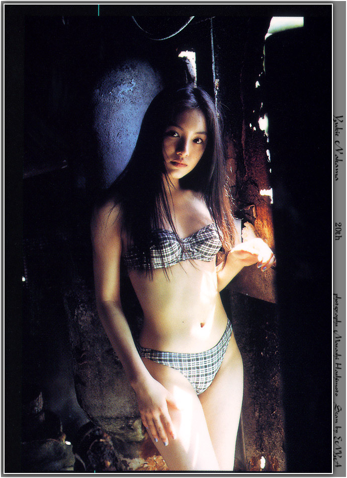 nakama yukie, photo (medium), 1girl, artist name, bikini, bikinicowboy shot, female focus, japanese (nationality), navel, plaid bikini, plaid clothes, solo, standing, swimsuit