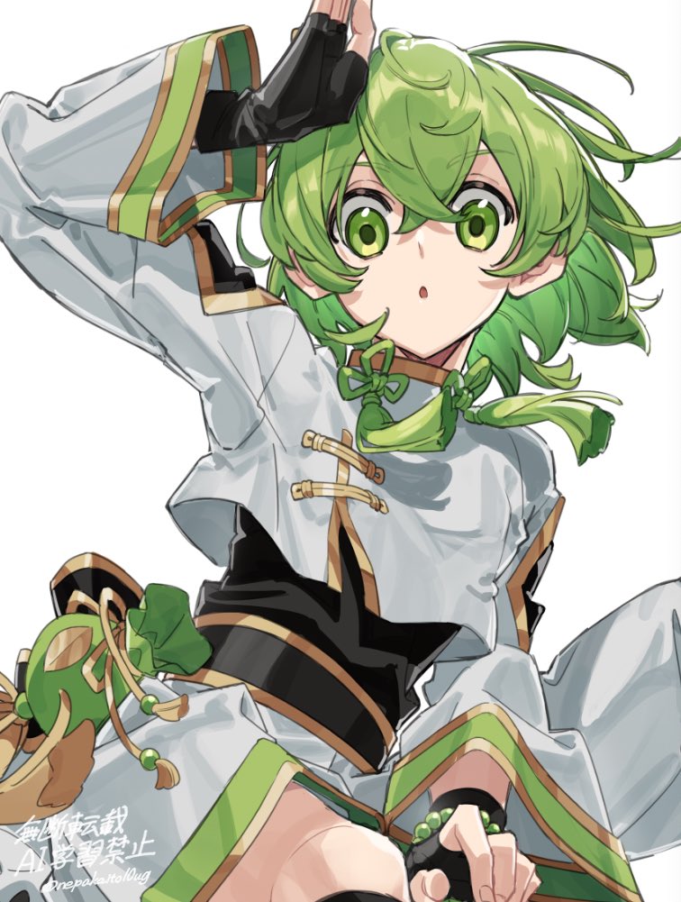 akagiasami, original, 1other, :o, androgynous, arm up, artist name, bead bracelet, beads, between legs, black gloves, bracelet, chinese knot, copyright notice, cowboy shot, crop top, crossed bangs, double-parted bangs, fingerless gloves, gloves, gold trim, green eyes, green hair, grey shirt, grey shorts, hair between eyes, hand between legs, jewelry, knee up, long sleeves, looking at viewer, medium hair, other focus, sash, shirt, shorts, simple background, sitting, solo, tassel, trap, undershirt, white background, wind
