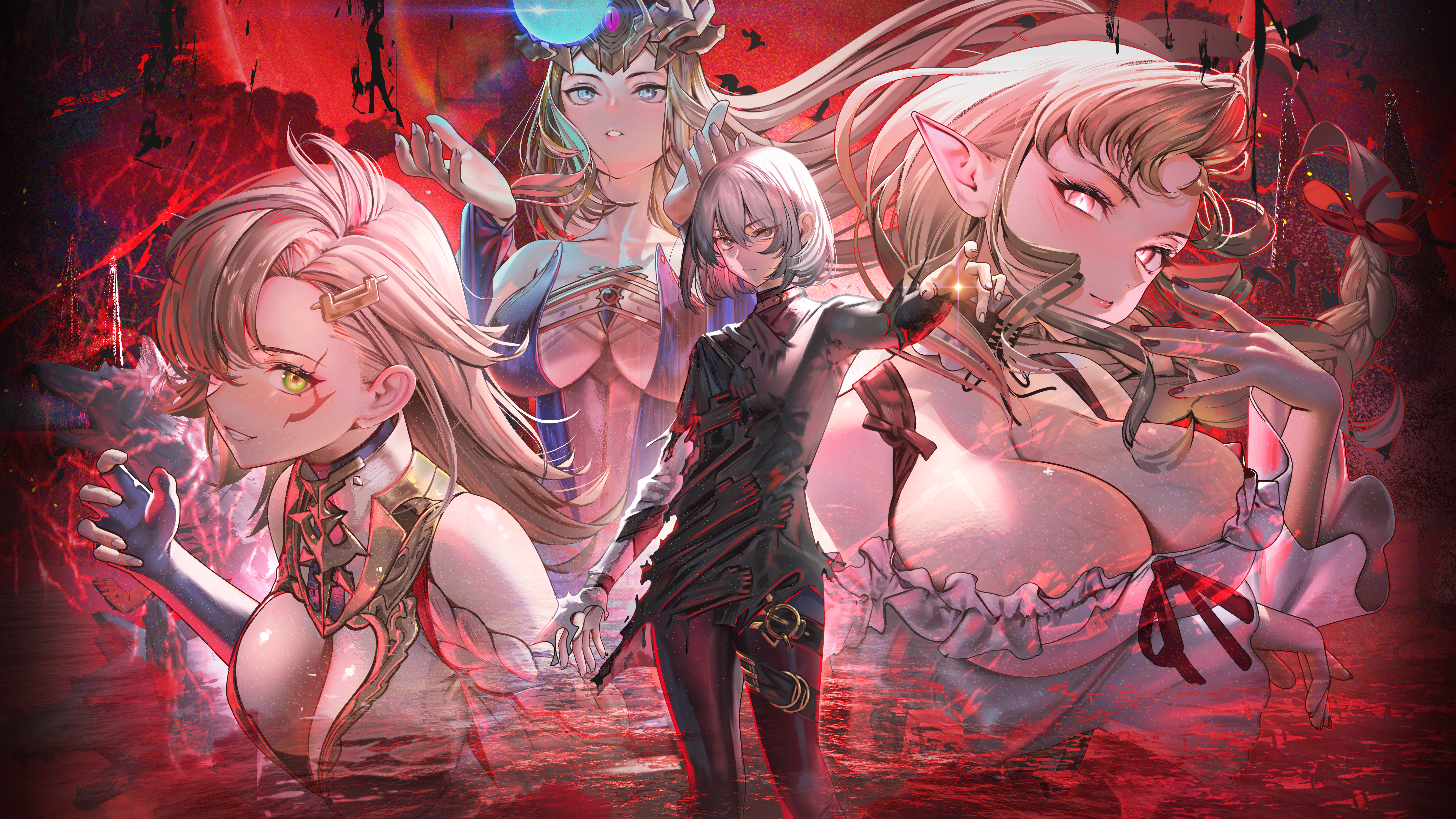 nanaken nana, aiona (silver and blood), empousa (silver and blood), silver and blood, absurdres, highres, 1boy, 3girls, asymmetrical hair, belt, belt buckle, belt collar, black collar, black pants, black shirt, blonde hair, blood, bow, bracer, braid, breasts, brown belt, buckle, castle, center opening, cleavage, closed mouth, collar, cropped torso, detached collar, dress, expressionless, eyelashes, eyes visible through hair, feet out of frame, floating hair, frilled shirt, frills, gold buckle, grey eyes, grin, hair between eyes, hair bow, hair ornament, hairclip, hati (silver and blood), huge breasts, large breasts, layered shirt, light frown, long sleeves, looking at viewer, low neckline, multiple belts, multiple girls, night, noah nevernight, object floating above hand, off-shoulder shirt, off shoulder, orb, outdoors, outstretched arm, pants, pool of blood, poster (medium), purple dress, red bow, red ribbon, red sky, ribbon, scar, scar on face, shirt, short hair, single braid, sky, smile, sparkle, starry-eyed aiona (silver and blood), strapless, strapless dress, striped clothes, striped dress, thigh belt, thigh strap, torn clothes, torn shirt, turtleneck, turtleneck shirt, vampire, vertical-striped clothes, vertical-striped dress, white hair, white shirt