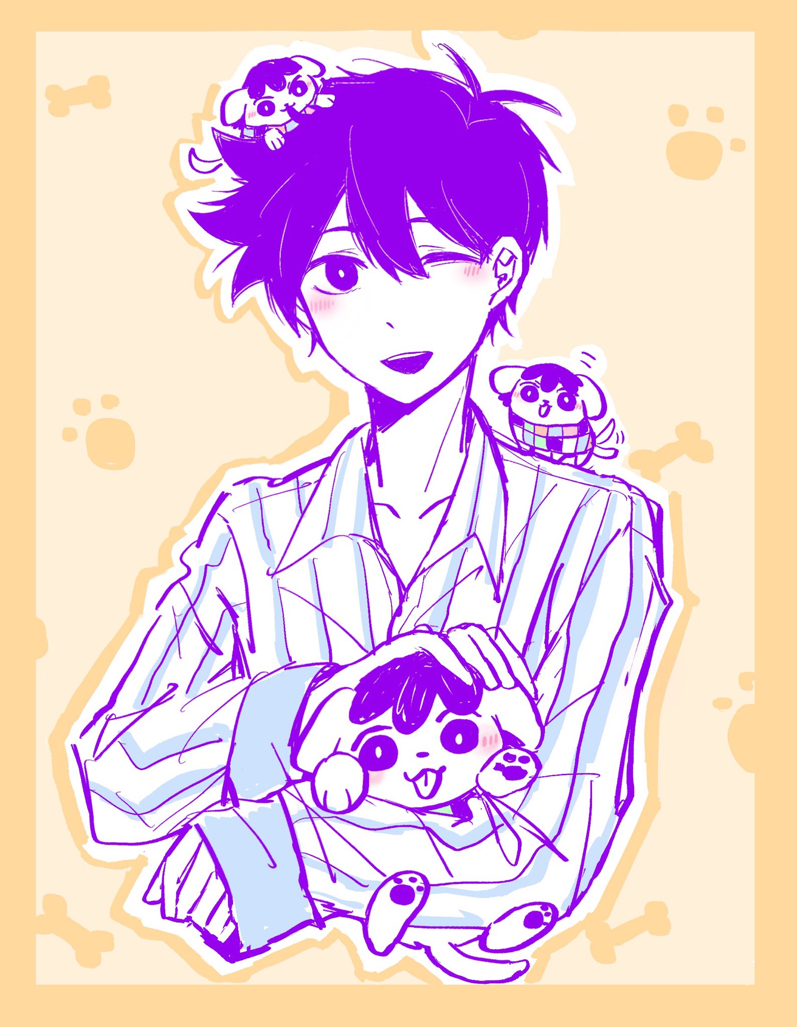 css021125, hero (headspace) (omori), hero (omori), kel (headspace) (omori), kel (omori), omori, commentary, highres, symbol-only commentary, 1boy, ;d, animal, animal on head, animal on shoulder, animalization, antenna hair, blue shirt, bone, border, bright pupils, collarbone, collared shirt, colored skin, cropped torso, dog, double-parted bangs, hair behind ear, hair between eyes, holding, holding animal, holding dog, male focus, on head, one eye closed, open mouth, outline, purple eyes, purple hair, shirt, short hair, smile, solo, striped clothes, striped shirt, teeth, two-tone shirt, upper teeth only, vertical-striped clothes, vertical-striped shirt, very short hair, white outline, white pupils, white shirt, white skin, yellow background, yellow border