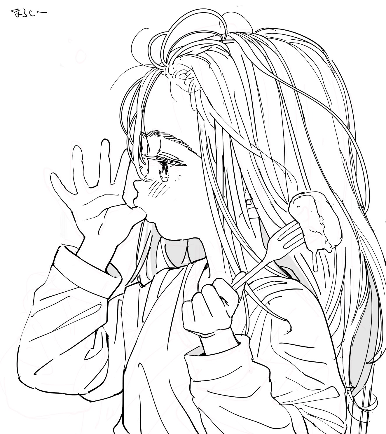 original, highres, 1girl, blush, food, food on hand, fork, greyscale, hands up, long hair, long sleeves, maroyakasyumai, monochrome, profile, sailor collar, school uniform, serafuku, shirt, solo, upper body, white background