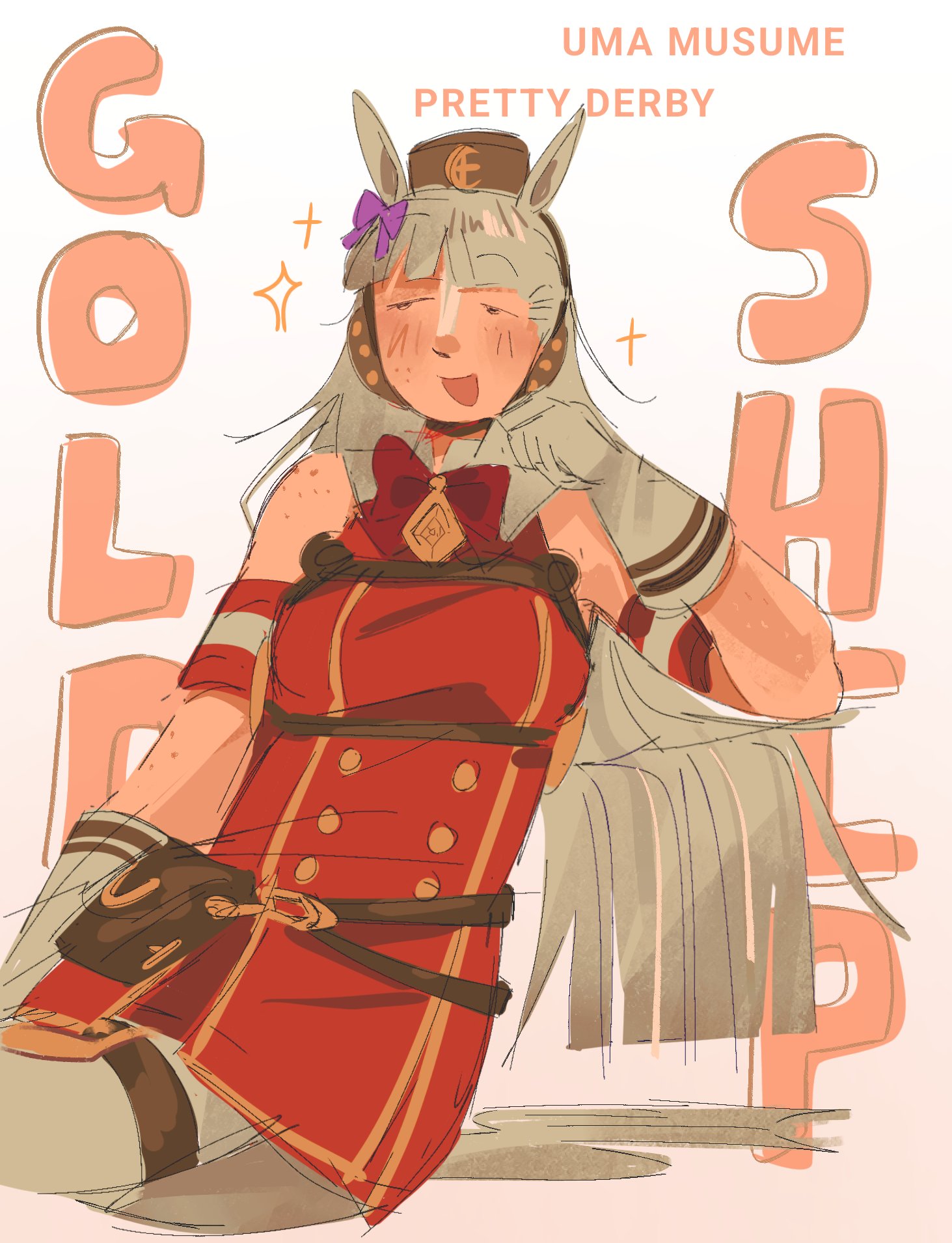 morick, gold ship (umamusume), umamusume, highres, 1girl, animal ears, armband, bare shoulders, blunt bangs, blush, bow, breasts, brown hat, dress, ear bow, ear ribbon, gloves, grey hair, hat, horse ears, horse girl, horse tail, long hair, looking at viewer, open mouth, pantyhose, pillbox hat, pouch, purple bow, red armband, red bow, red dress, sleeveless, sleeveless dress, smile, solo, striped armband, striped clothes, tail, thigh strap, white armband, white gloves, white pantyhose