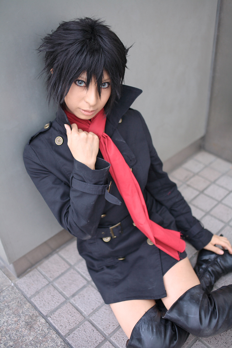 ari (model), blue (wolf's rain), wolf's rain, highres, photo (medium), blue theme, boots, coat, cosplay, necktie, overcoat, thigh boots, thighhighs, wolf