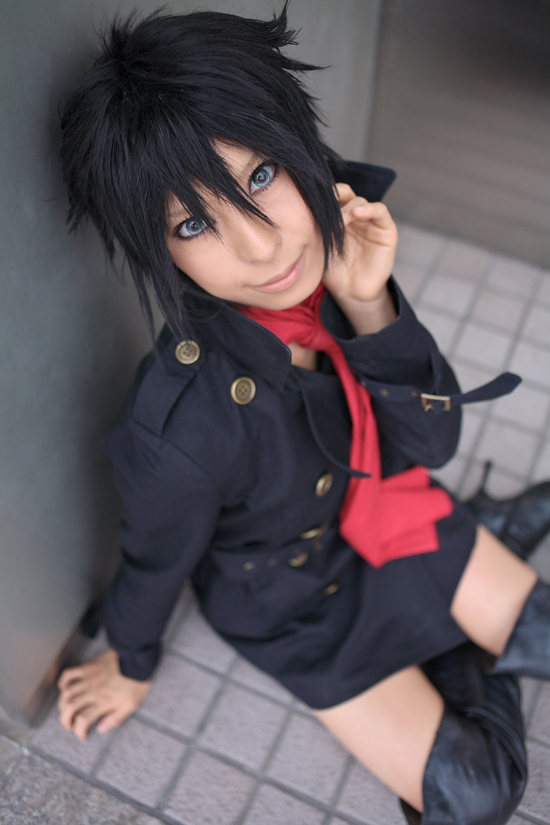 ari (model), blue (wolf's rain), wolf's rain, highres, photo (medium), blue theme, boots, coat, cosplay, necktie, overcoat, thigh boots, thighhighs, wolf