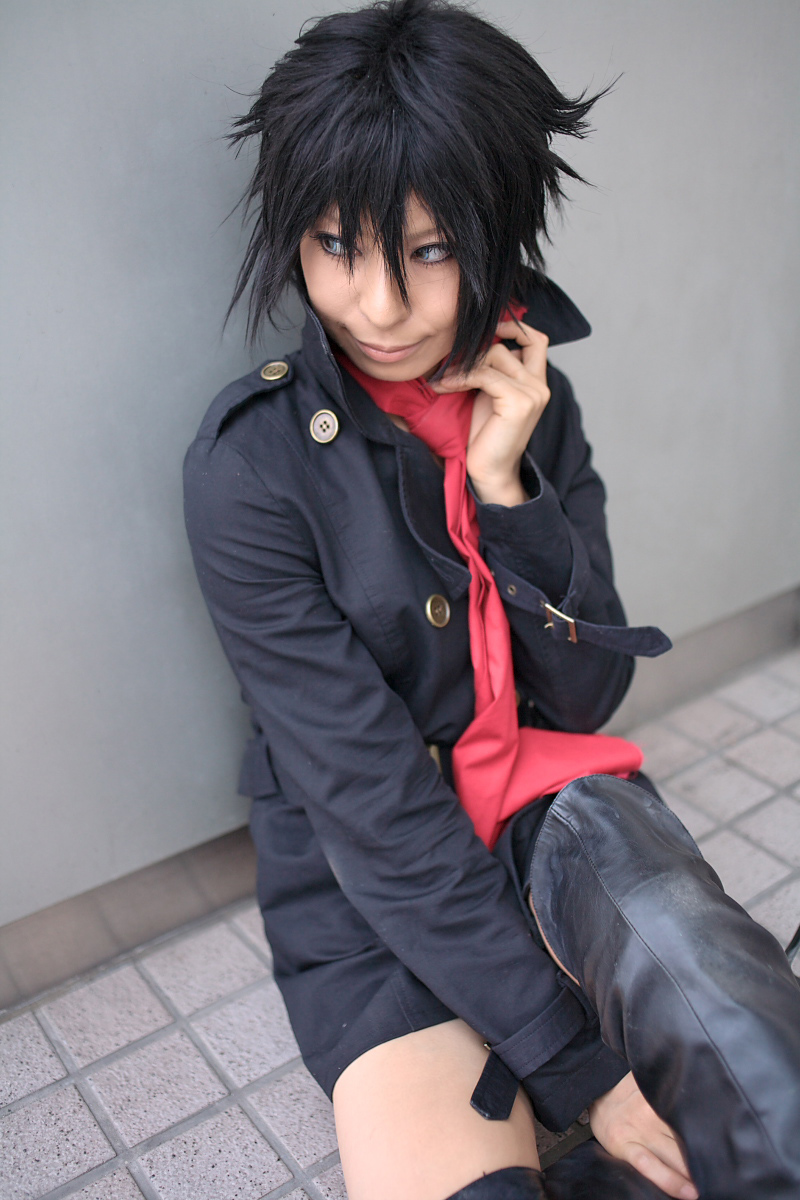 ari (model), blue (wolf's rain), wolf's rain, highres, photo (medium), blue theme, boots, coat, cosplay, necktie, overcoat, thigh boots, thighhighs, wolf