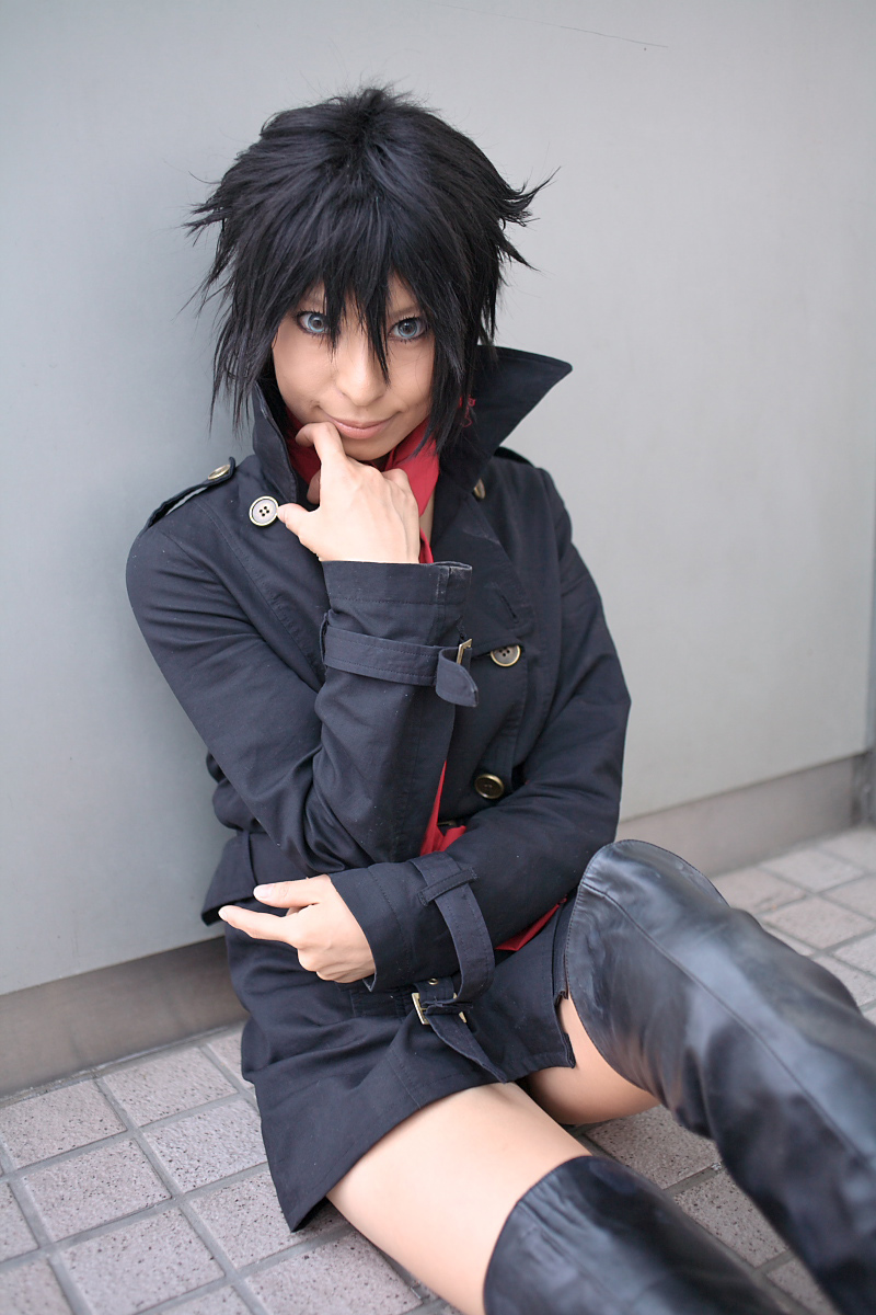 ari (model), blue (wolf's rain), wolf's rain, highres, photo (medium), blue theme, boots, coat, cosplay, necktie, overcoat, thigh boots, thighhighs, wolf