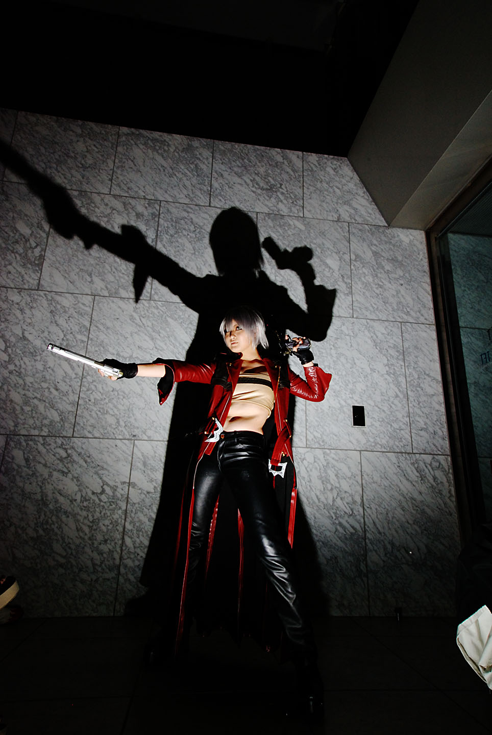 reizi, dante, capcom, devil may cry (series), silver hair, highres, photo (medium), boots, coat, cosplay, gun, leather, leather pants, overcoat, pants, weapon