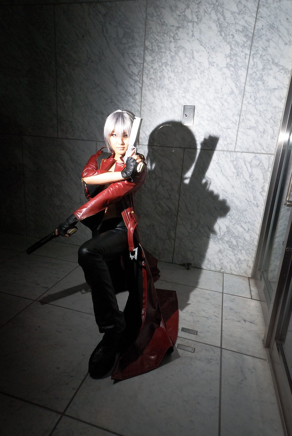 reizi, dante, capcom, devil may cry (series), silver hair, highres, photo (medium), boots, coat, cosplay, gun, leather, leather pants, overcoat, pants, weapon