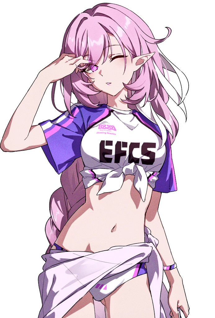 sylvia (huajiuhuajiu), elysia (herrscher of human: ego) (honkai impact), elysia (honkai impact), elysia (summer 2024) (honkai impact), honkai (series), honkai impact 3rd, commentary request, cropped, third-party edit, 1girl, bikini, braid, braided ponytail, cowboy shot, long hair, looking at viewer, navel, official alternate costume, one eye closed, pink eyes, pink hair, shirt, short sleeves, simple background, solo, swimsuit, tied shirt, white background