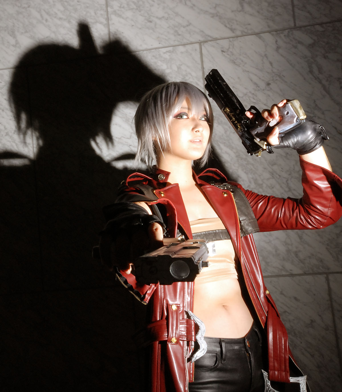 reizi, dante, capcom, devil may cry (series), silver hair, highres, photo (medium), coat, cosplay, gun, leather, leather pants, overcoat, pants, weapon