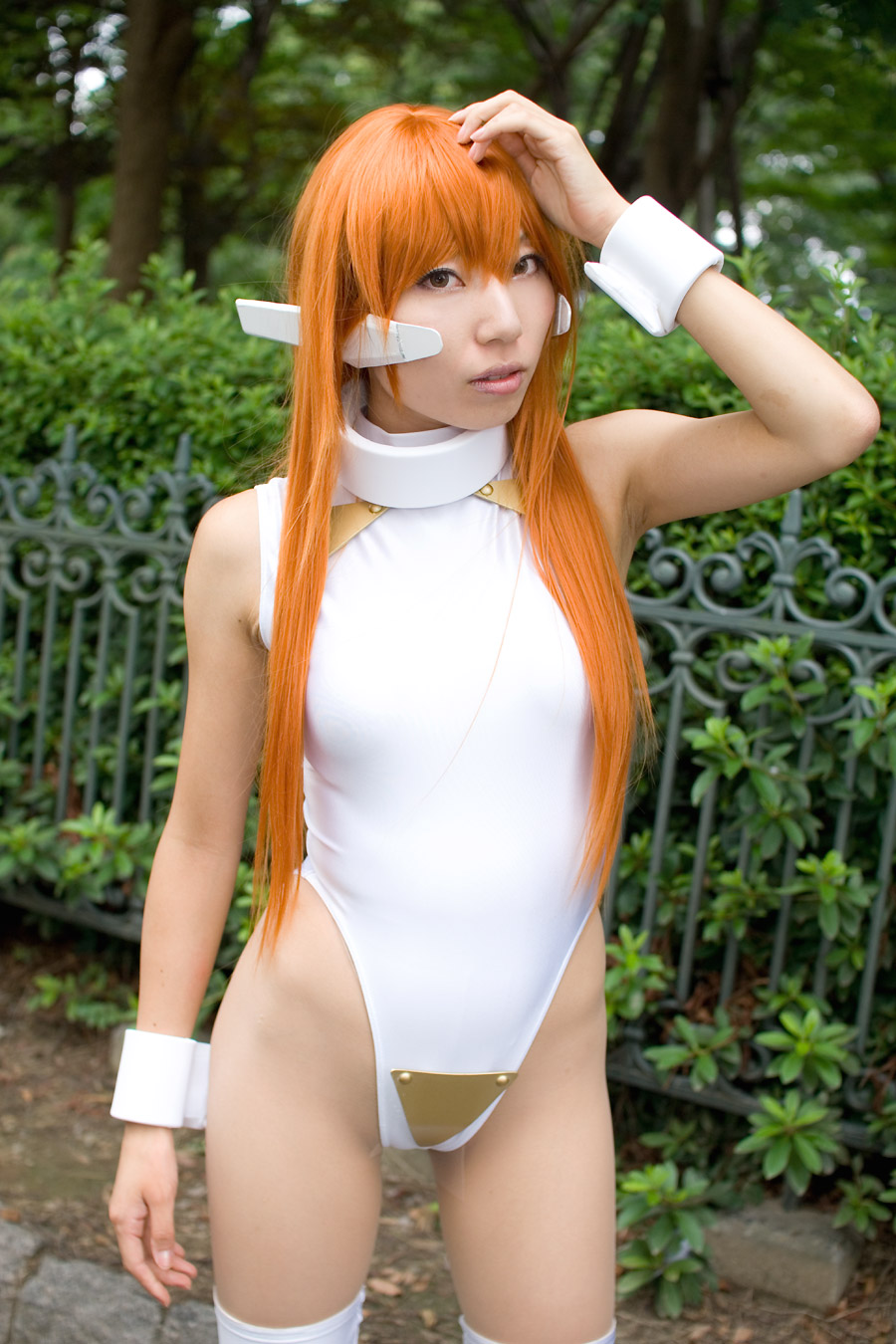 hisame chirumi, serio (to heart), to heart, to heart (series), highres, photo (medium), bodysuit, cosplay, orange hair, spandex, thighhighs