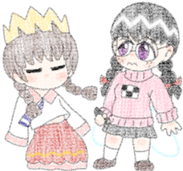 drawfag, madotsuki, ripple star queen, kirby (series), kirby 64, nintendo, yume nikki, archived source, 2girls, black hair, braid, cosplay, costume switch, crown, fairy, fairy wings, freckles, long hair, low twin braids, madotsuki (cosplay), multiple girls, pink sweater, purple eyes, ripple star queen (cosplay), sketch, skirt, sleeves past fingers, sleeves past wrists, socks, sweater, twin braids, white socks, wings