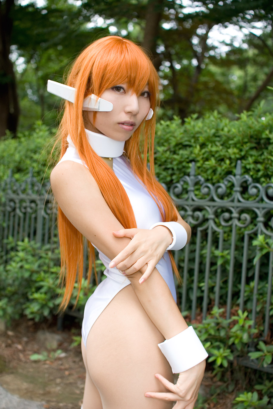 hisame chirumi, serio (to heart), to heart, to heart (series), highres, photo (medium), bodysuit, cosplay, orange hair, spandex