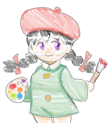 drawfag, adeleine, ripple star queen, kirby (series), kirby 64, nintendo, archived source, lowres, 1girl, adeleine (cosplay), beret, black hair, bow, cosplay, glasses, hair bow, hat, holding, holding paint palette, holding paintbrush, long hair, paint palette, paintbrush, purple eyes, red bow, red hat