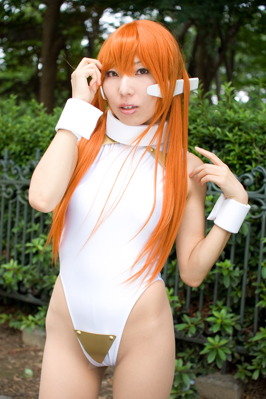 hisame chirumi, serio (to heart), to heart, to heart (series), highres, photo (medium), bodysuit, cosplay, orange hair, spandex, thighhighs