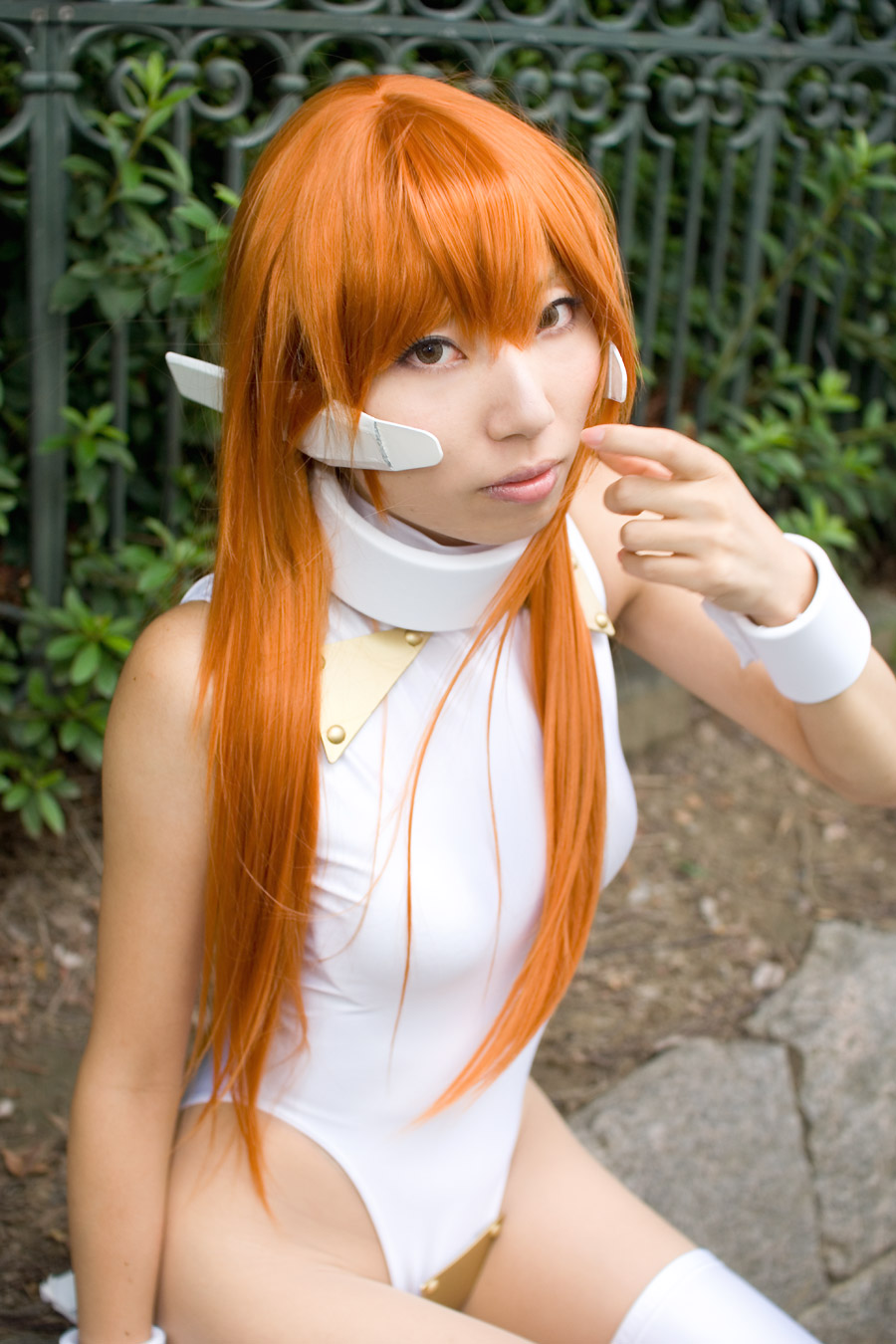 hisame chirumi, serio (to heart), to heart, to heart (series), highres, photo (medium), bodysuit, cosplay, orange hair, spandex, thighhighs