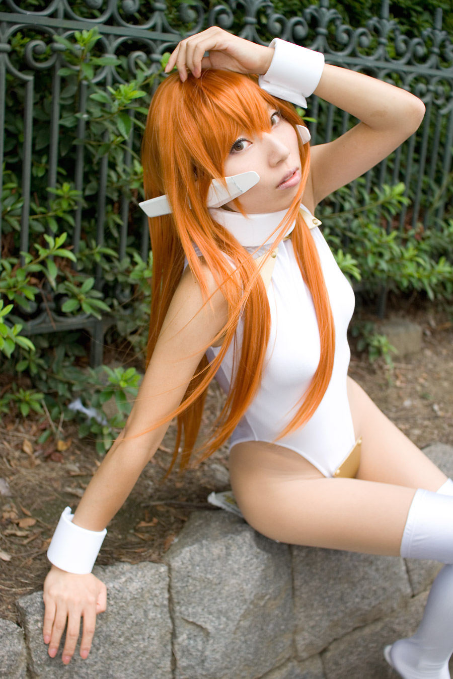 hisame chirumi, serio (to heart), to heart, to heart (series), highres, photo (medium), bodysuit, cosplay, orange hair, spandex, thighhighs
