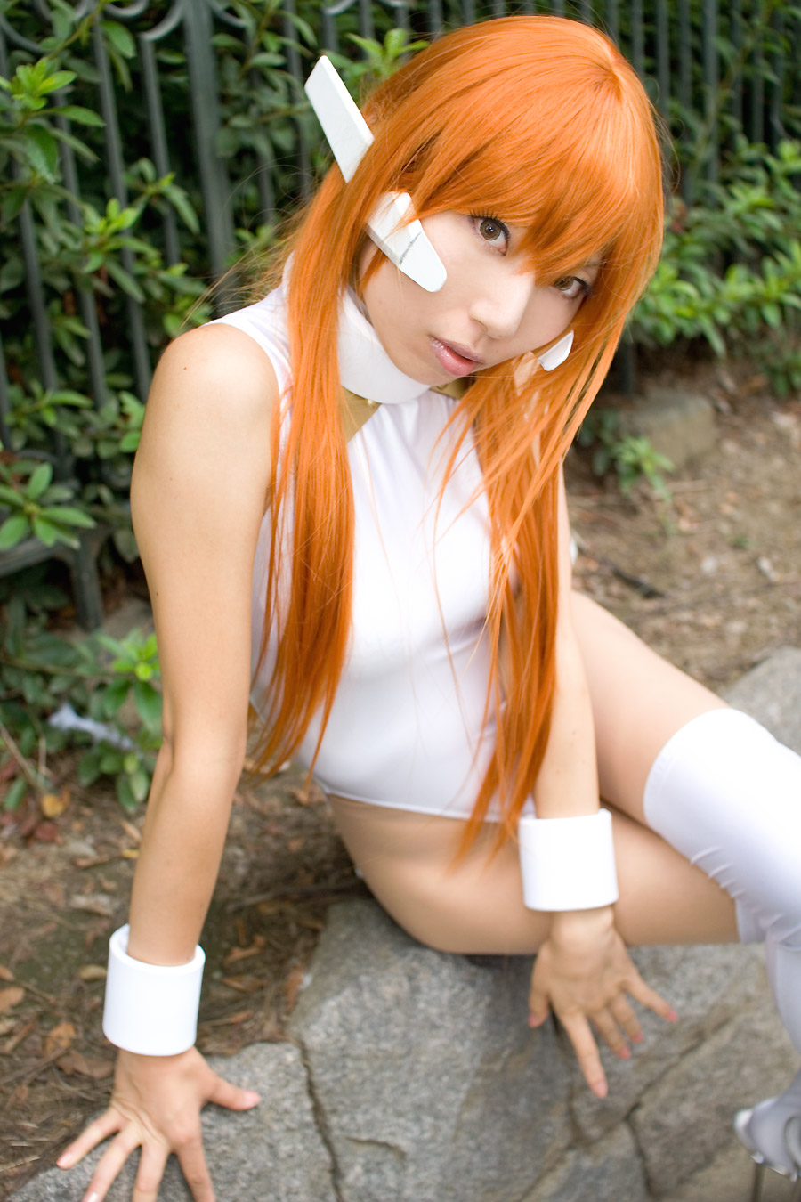 hisame chirumi, serio (to heart), to heart, to heart (series), highres, photo (medium), bodysuit, cosplay, orange hair, spandex, thighhighs