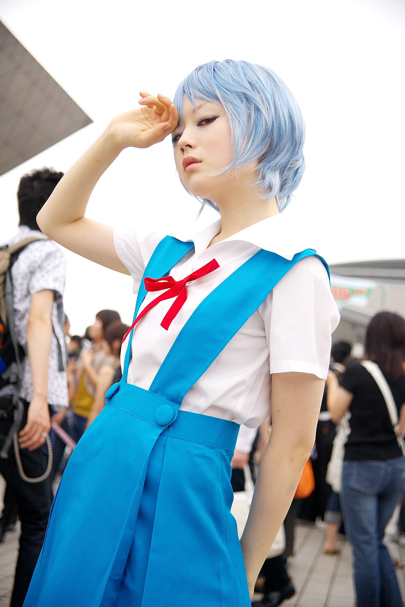 ayanami rei, kanata (model), neon genesis evangelion, highres, photo (medium), blue hair, cosplay, red eyes, school uniform, serafuku, suspenders