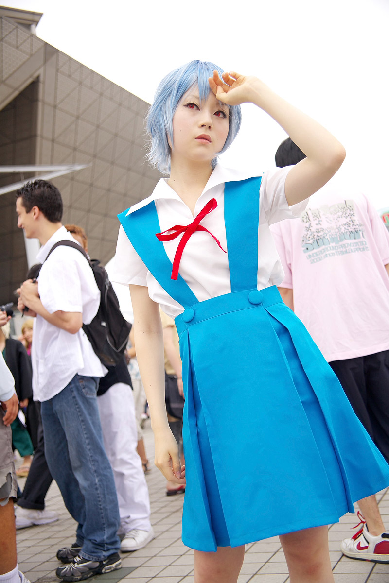 ayanami rei, kanata (model), neon genesis evangelion, highres, photo (medium), blue hair, cosplay, red eyes, school uniform, serafuku, suspenders